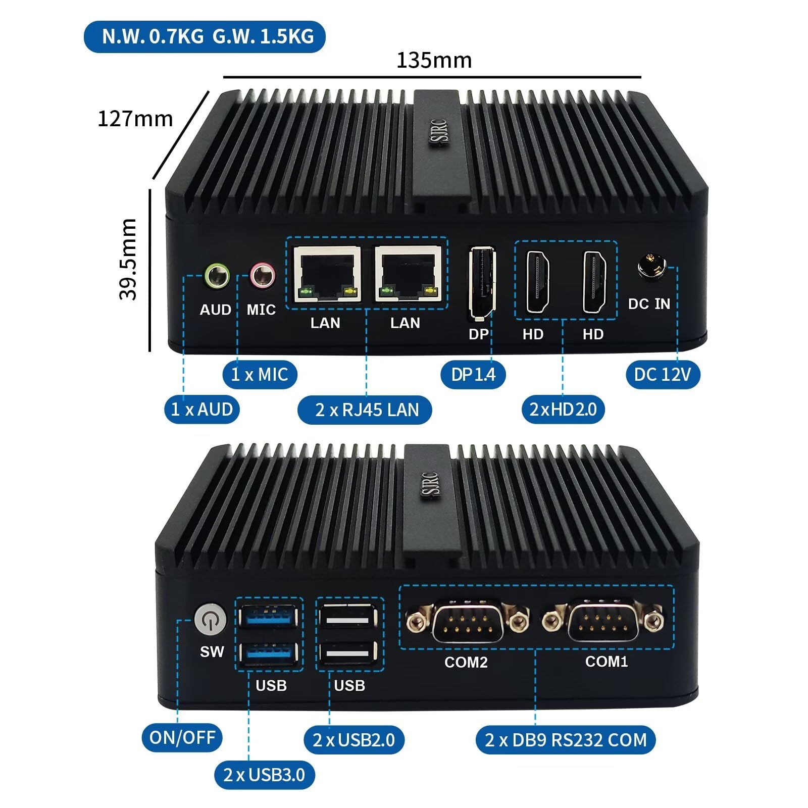 SJRC Mini PC N100 12th Gen Fanless Industrial Computer - Windows 11 Pro, 16GB DDR4 RAM, 1TB SSD, Dual LAN, 2 RS232 Ports, WiFi BT4.2, USB 3.0, 4K UHD Triple Display - Perfect for Office, Home Theater, and Industrial Automation