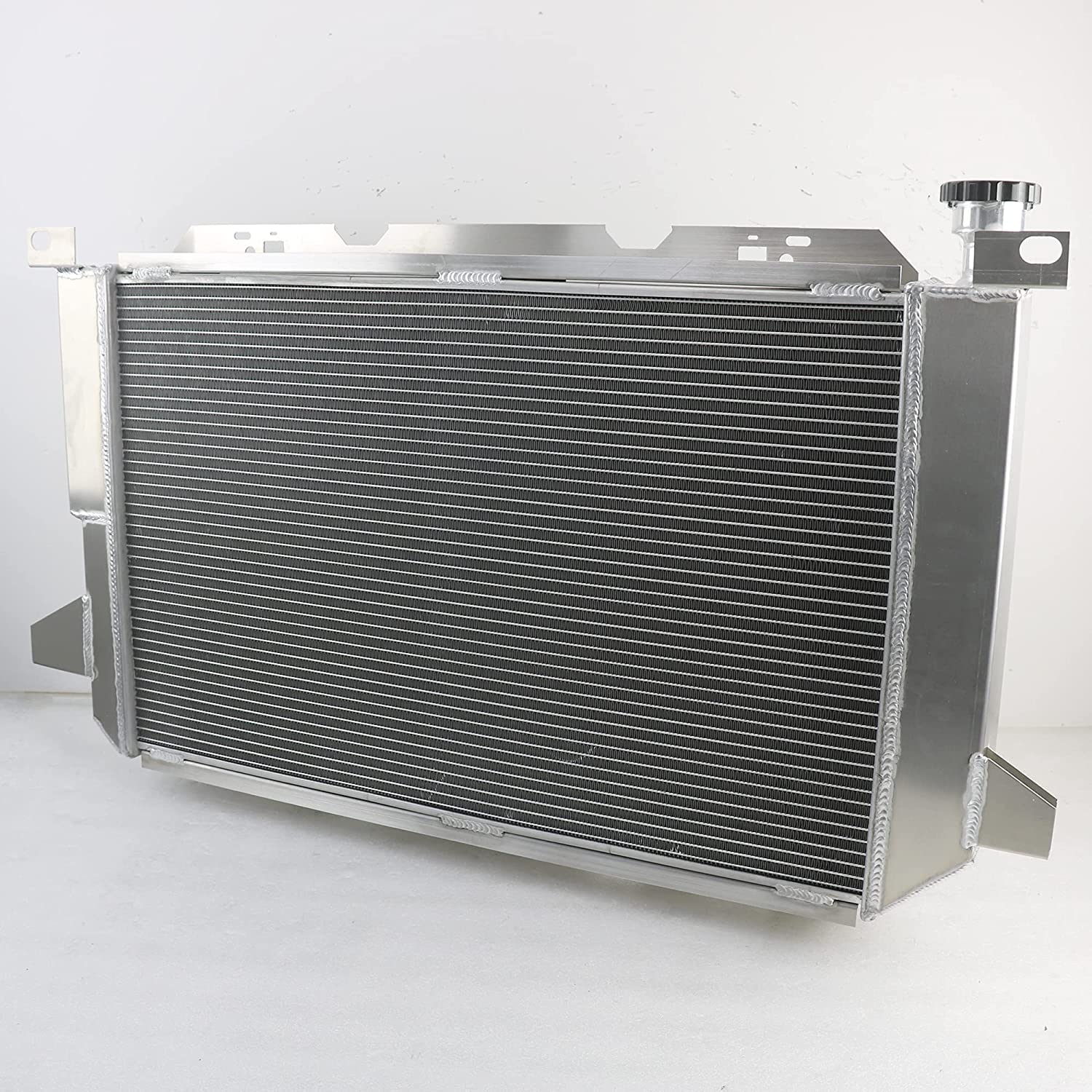 High Performance 62MM 4-Row Aluminum Radiator for 1985-1997 Ford F-Series (F150/F250/F350/F53/Bronco) 5.0L 5.8L 7.3L 7.5L V8 Engines - Includes Electric Fan Shroud & Thermostat Kit - Perfect for Off-Roading, Towing & Heavy-Duty Use