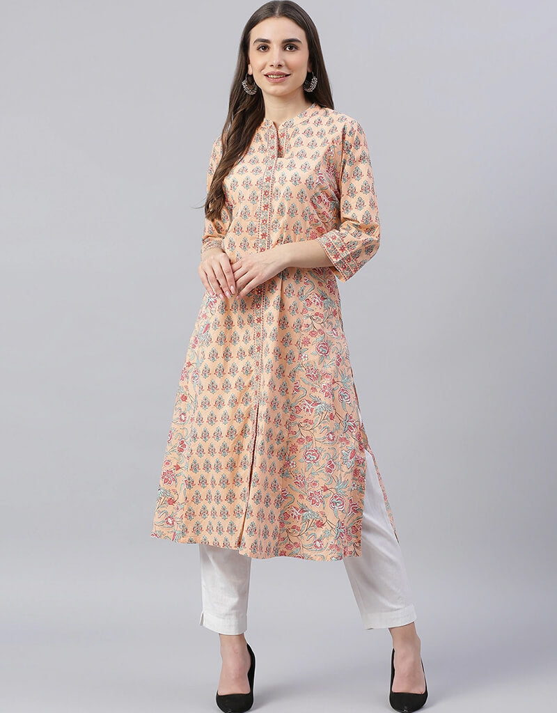 Stylish Beige Cotton Straight Kurti for Women | Comfortable & Trendy Indian Tunic Top | Perfect for Casual Wear, Office & Festive Occasions