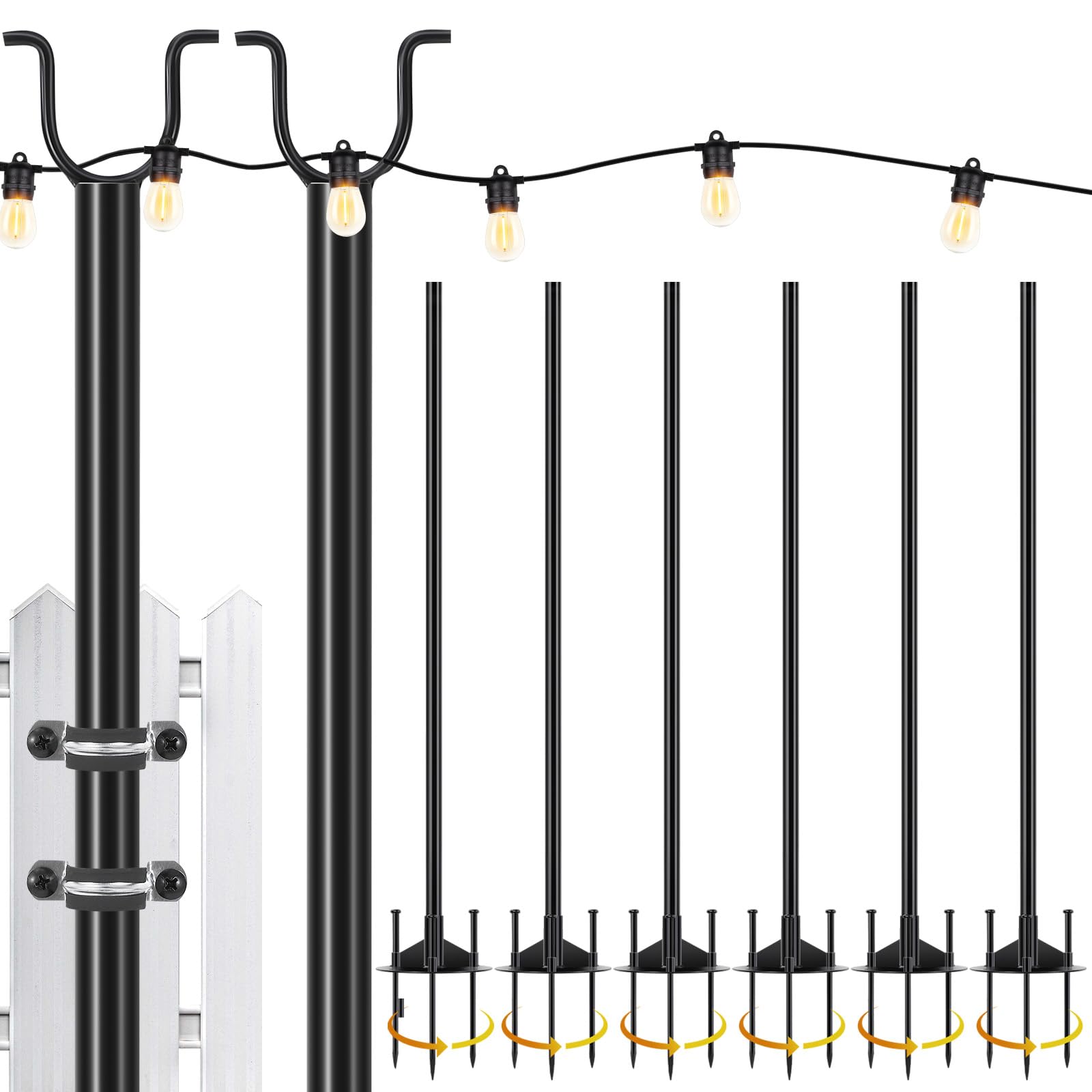PULLAFUN 8 Pack 11FT Outdoor String Light Poles - 4-in-1 Hanging Stand for Patio, Garden, Bistro, Wedding & Party Decor (Black) | Perfect for Backyard, Deck & Outdoor Lighting