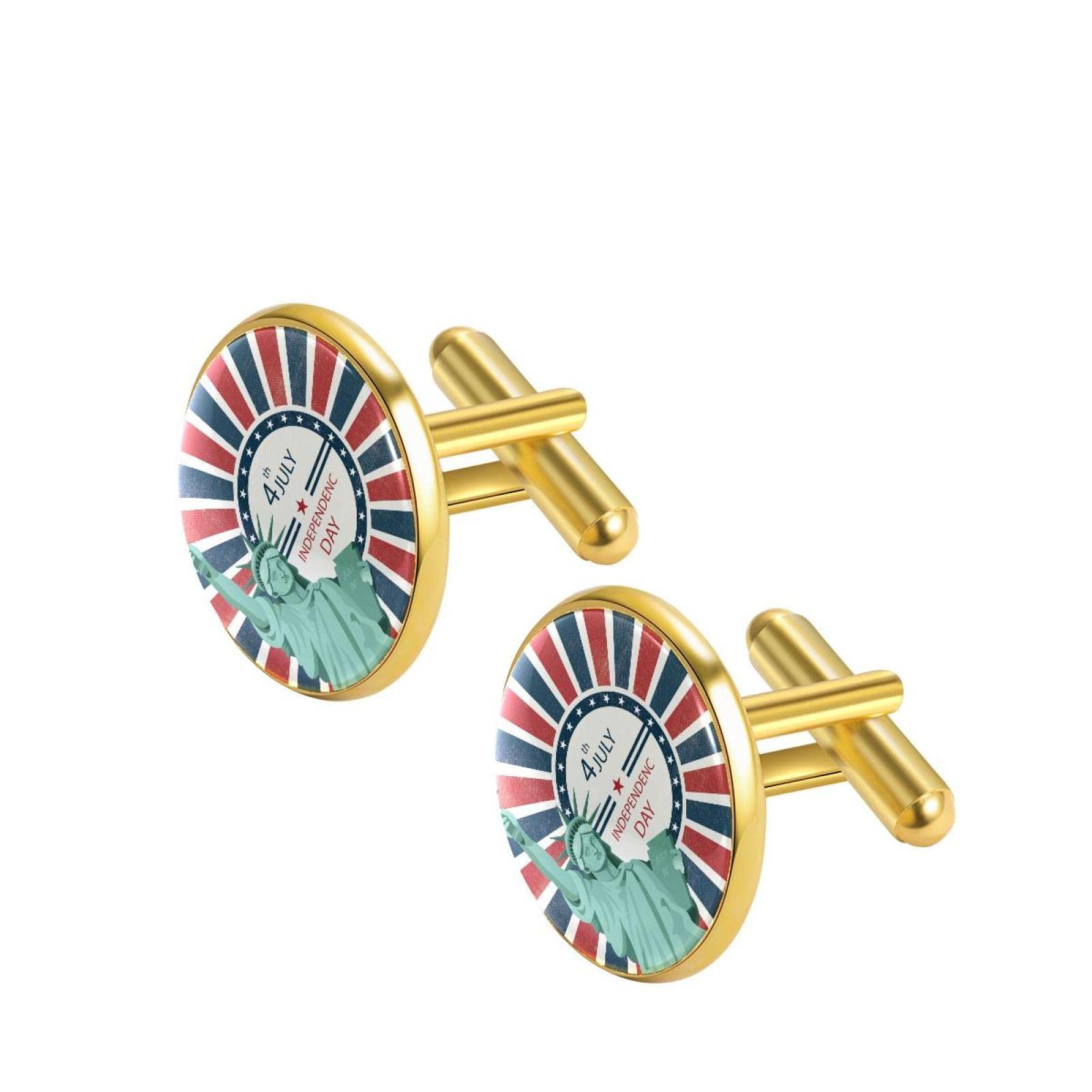 Vintage Statue of Liberty & USA Flag Gold Cufflinks for Men - Round Glass Tuxedo Shirt Cuff Links with Jewelry Gift Box - Perfect for Weddings, Business Meetings & Formal Events