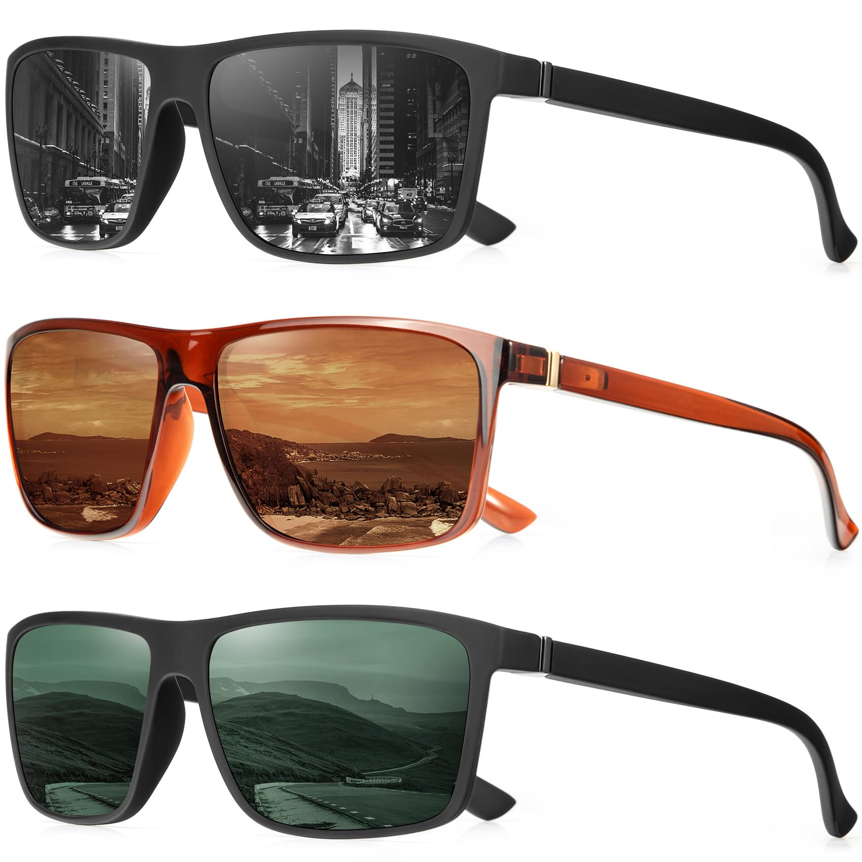 Polarized Sunglasses for Men - UV400 Protection Classic Aviator Style - 3 Pack for Driving, Fishing, Golf & Outdoor Activities