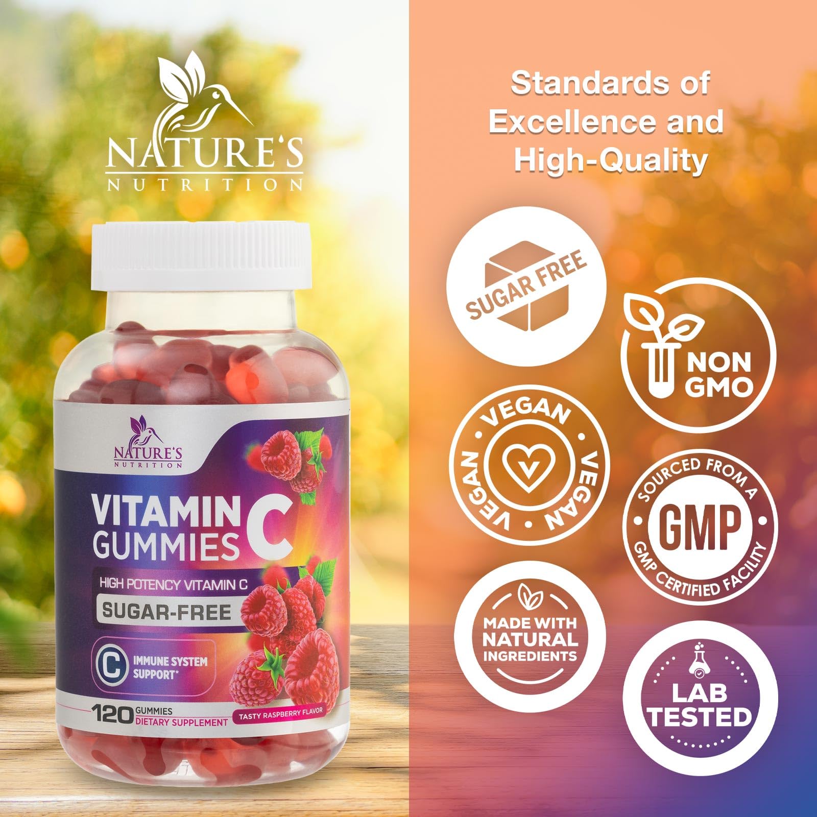 Zero Sugar Vitamin C Gummies for Immune Support - Antioxidant Rich Vitamin C Supplement - Vegan, Non-GMO, Gluten & Dairy Free - Delicious Raspberry Flavor for Kids & Adults - 120 Count - Perfect for Daily Immunity Boost & Healthy Lifestyle