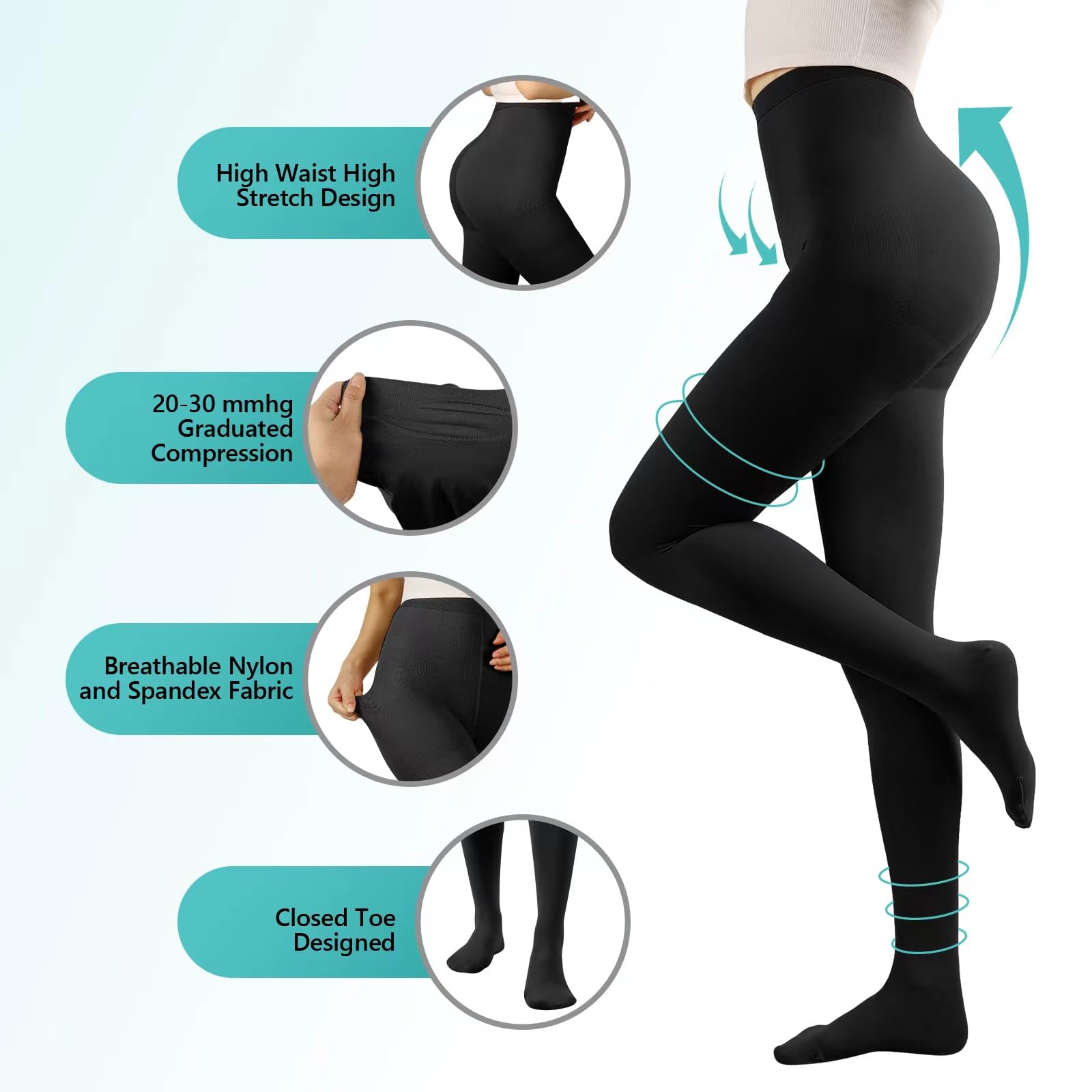 20-30mmHg Graduated Compression Pantyhose for Women - Medical Support Stockings & Leggings with Closed Toe - Perfect for Varicose Veins Relief, Travel Comfort & Pregnancy Circulation