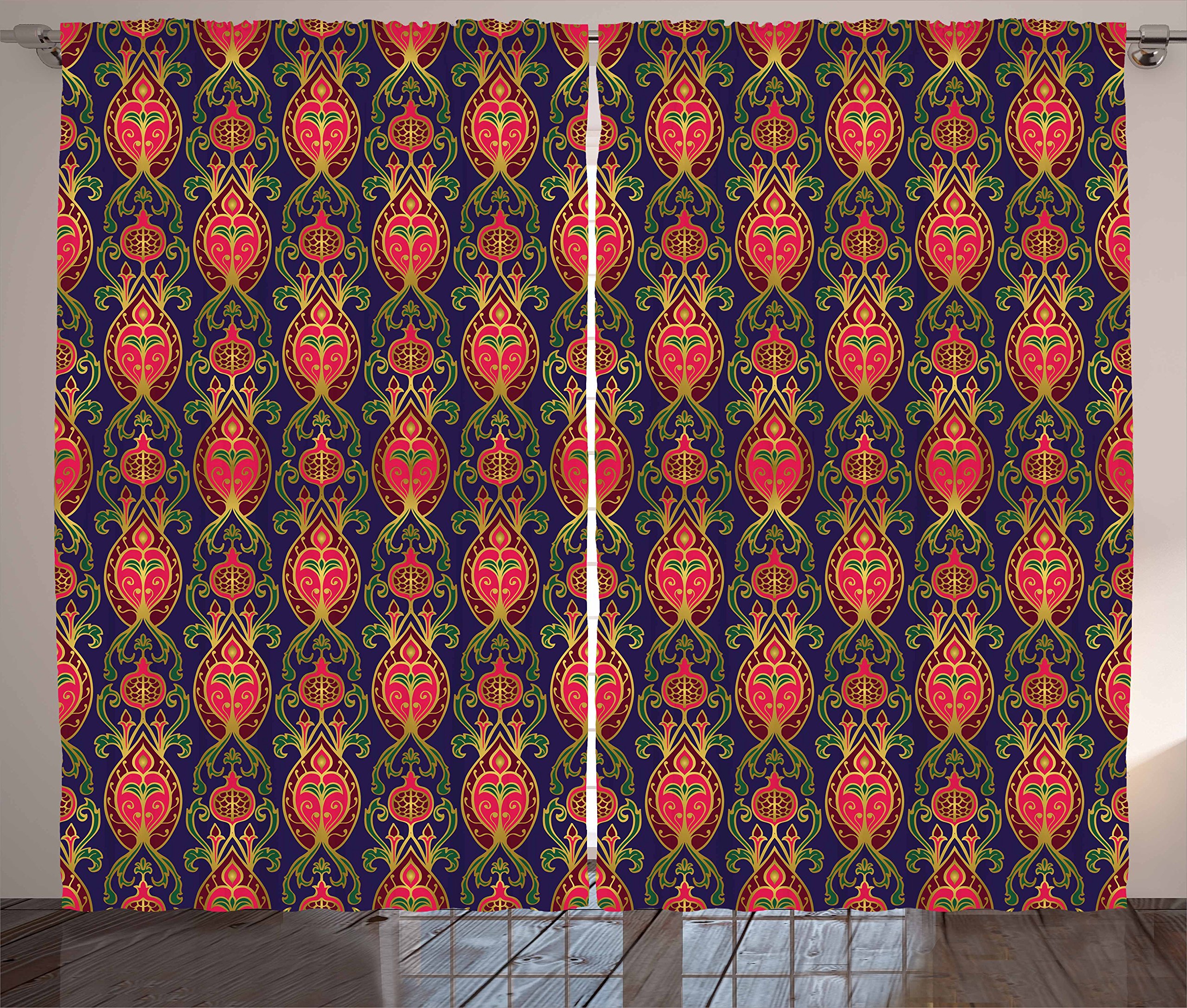 Ambesonne Turkish Pattern Curtains - Oriental Botanical Design with Pomegranates & Leaves on Indigo Background, 2 Panel Window Drapes for Living Room & Bedroom, 108