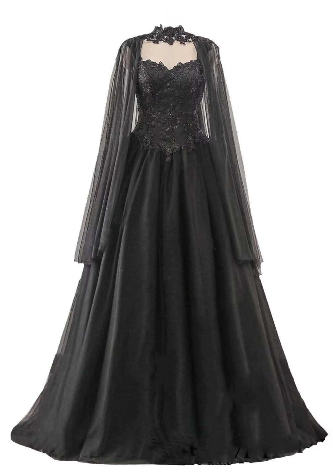 Gothic Black Wedding Dress for Bride with Lace Appliques - Elegant Tulle Bridal Gown for Dark Romance & Vampire Themed Weddings | Perfect for Gothic, Halloween, and Alternative Weddings