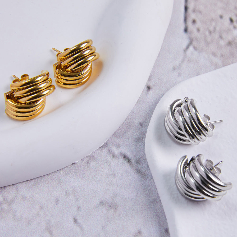 14K Gold Ribbed Triple Open Hoop Earrings for Women - Trendy Stud Earrings for Everyday Wear | Perfect for Work, Date Night & Special Occasions | F1545
