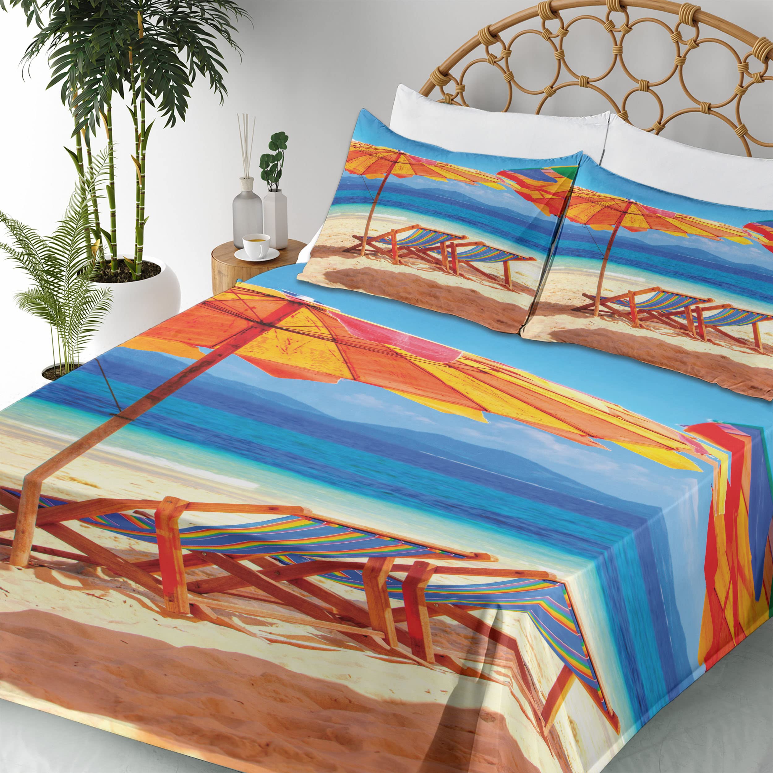 Ambesonne 3-Piece Twin XL Sheet Set - Tropical Beach Theme with Deck Chairs & Thailand Sea View, Orange & Blue Fitted & Flat Sheets with Pillowcases | Perfect for Coastal Bedrooms, Vacation Homes & Beach-Themed Decor