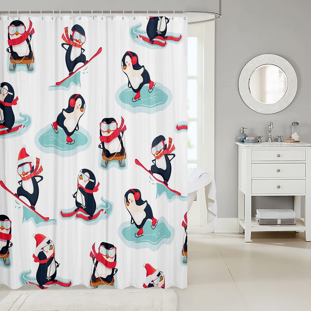 Cute Penguin Bathroom Curtain 72x72 - Surfing Animal Shower Curtain for Kids - Winter Warm Bath Decor for Boys & Girls