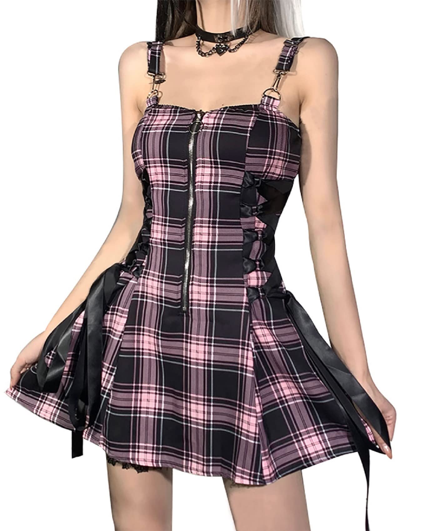 High Waist Backless Mini Dress - Plaid Gothic Punk Party Dress with Zipper | Sexy Summer Clubwear for Women | Perfect for Night Out, Concerts & Gothic Events