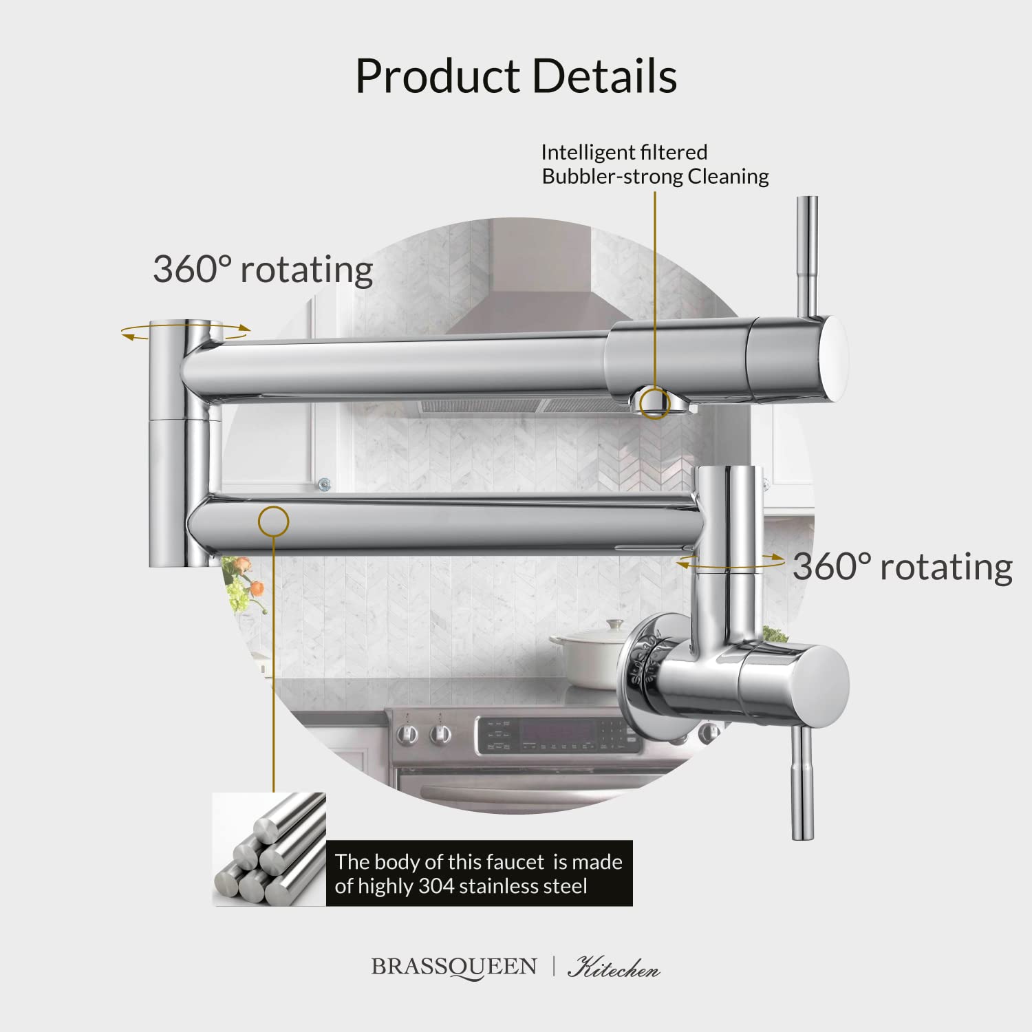 Brassqueen Commercial Stainless Steel Wall Mount Pot Filler Faucet - NPT Connection, Stretchable Swing Arm, Polish Chrome Finish, Single Hole Installation with Dual Handles | Perfect for Restaurant Kitchens & Home Cooking Stations