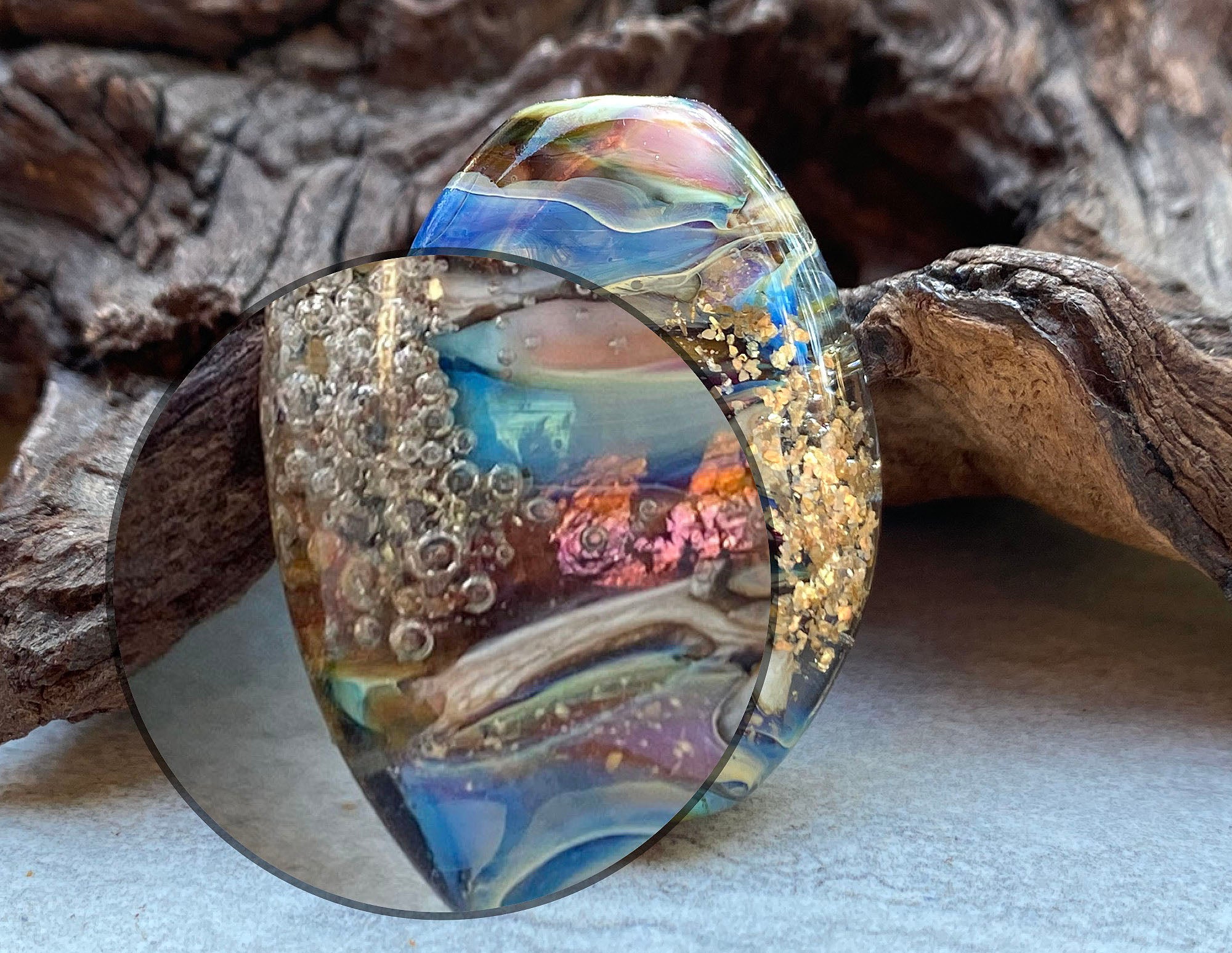 Blue Gold Mica Organic Lampwork Focal Bead SRA - Handmade Glass Bead for Jewelry Making, DIY Crafts & Beading Projects