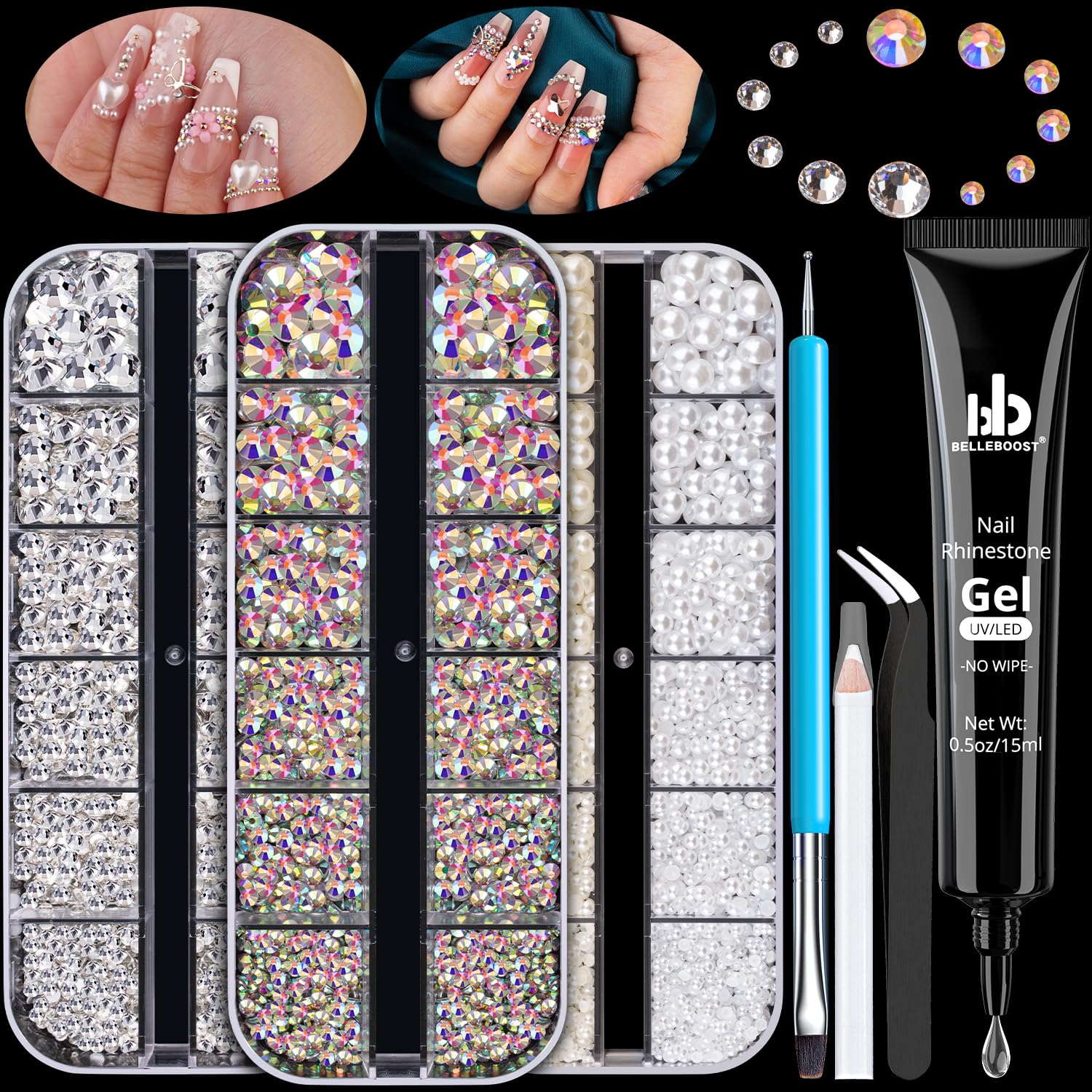 Premium Nail Rhinestones & Pearls Kit - Flatback Glass Crystals, AB & Clear Gemstones with White/Beige Half Round Pearls | Professional Manicure Set Includes Nail Rhinestone Glue Gel & Tools (UV/LED Required) | Perfect for Nail Art, Salon Designs & DIY Home Manicures