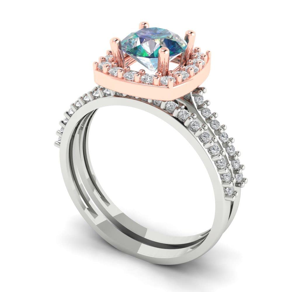 2ct Round Cut Halo Solitaire Blue Moissanite Engagement Ring - 14k White & Rose Gold Wedding Band Set for Women | Anniversary, Promise, Bridal Jewelry Gift for Her | Perfect for Proposals, Weddings & Special Occasions