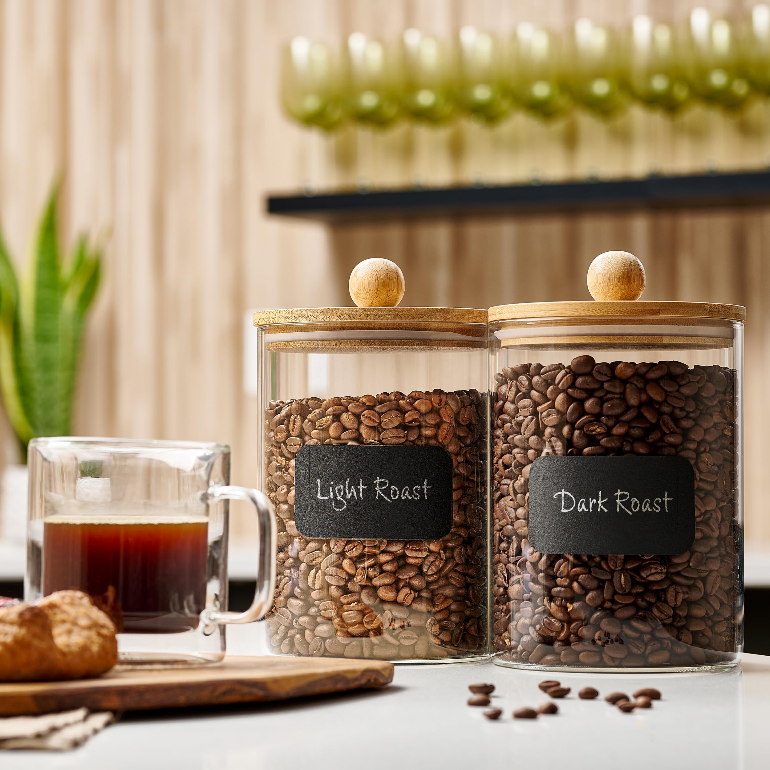2-Pack 68oz Airtight Glass Canisters with Bamboo Lids - Food Storage Containers for Kitchen Pantry, Flour, Pasta, Coffee, Candy & Pods | Includes Chalk Marker & Labels | Perfect for Countertop Organization & Bulk Food Storage