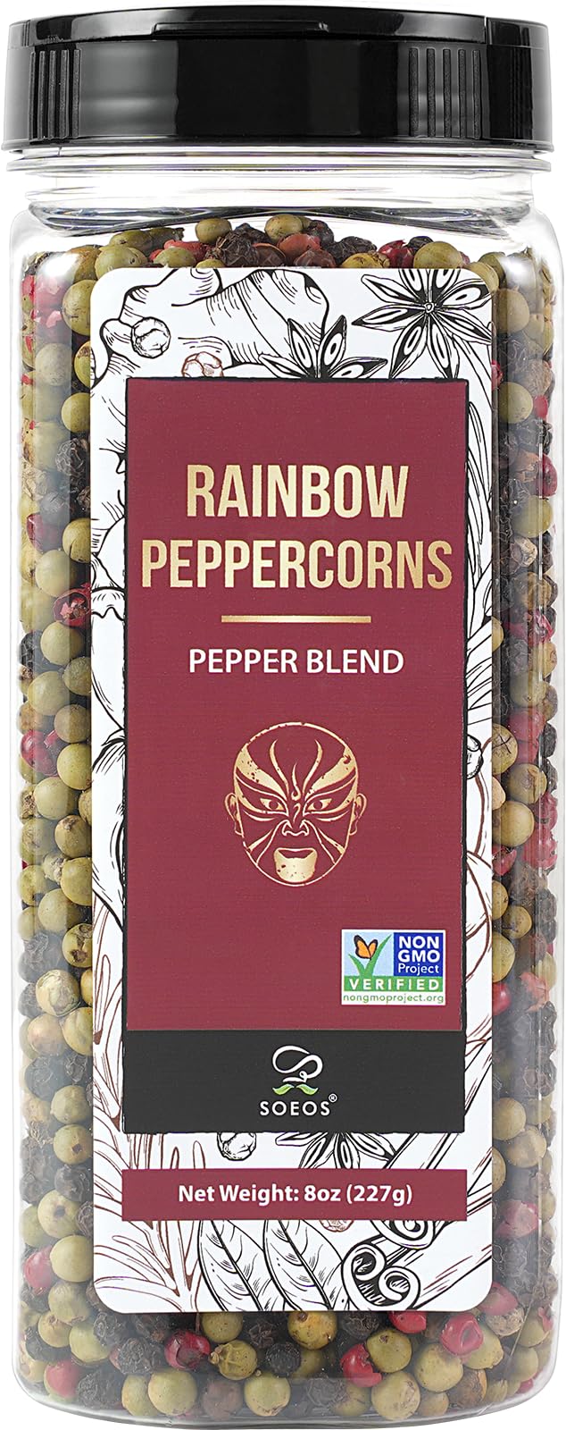 Soeos Rainbow Peppercorns 8oz - Non-GMO, Kosher Certified Whole Peppercorns for Grinder Refill - Freshly Packed for Long-Lasting Flavor - Perfect for Steak, Salad, Pasta & Gourmet Cooking