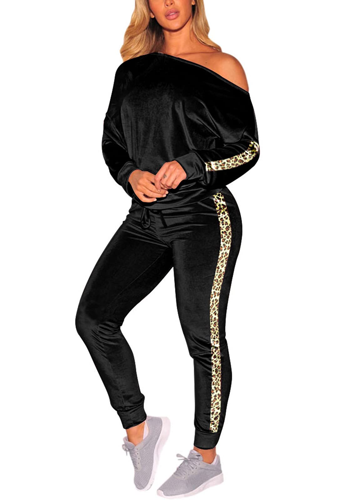 Selowin Women's One Shoulder 2-Piece Casual Jogger Sweatsuit - Velvet Tracksuit Set for Lounge, Workout & Streetwear Fashion