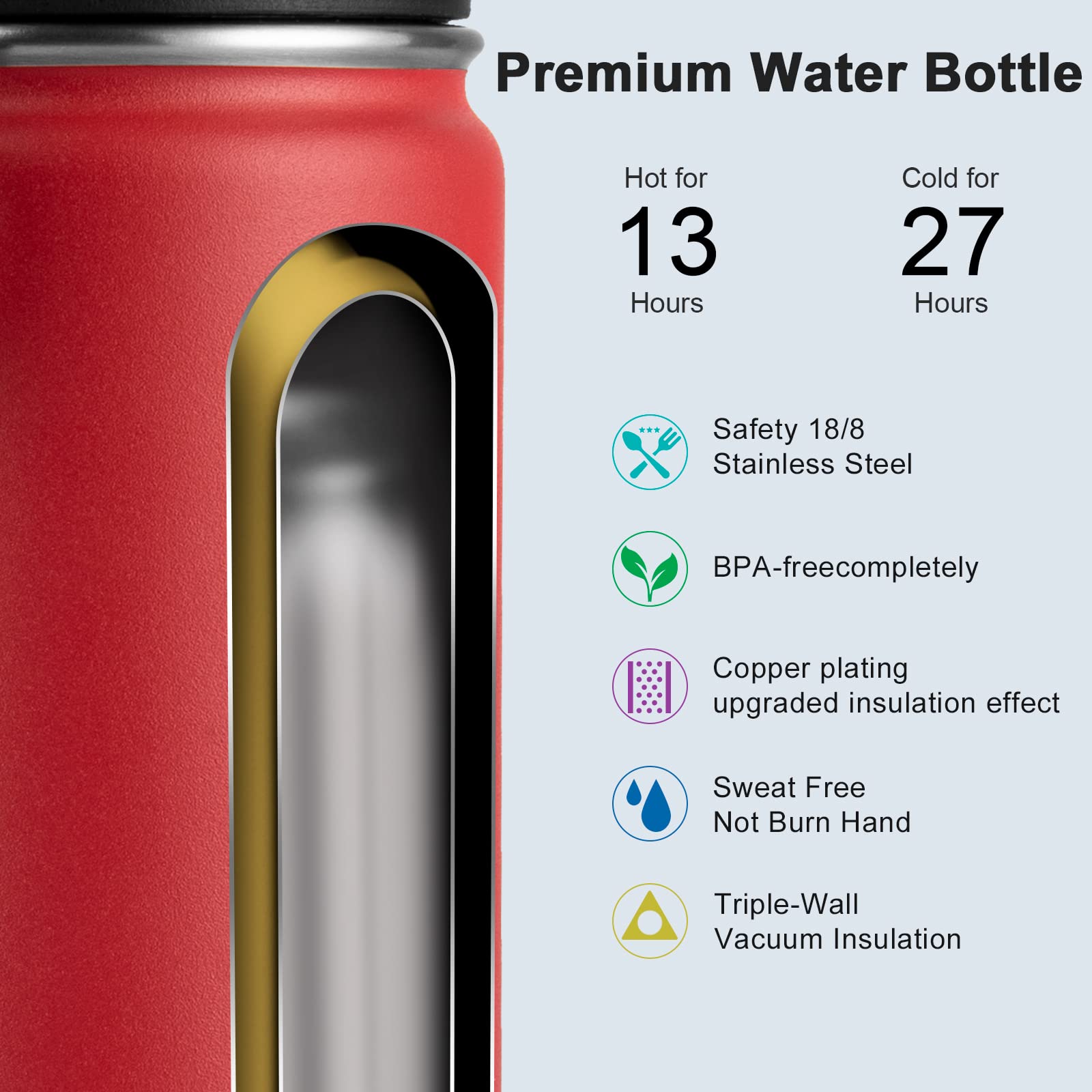 KOODEE 16 oz Stainless Steel Vacuum Insulated Water Bottle - 2 Pack BPA-Free Sports Water Bottles for School, Gym & Outdoor Activities (Canyon Red-Black) - Keeps Drinks Cold 24Hrs/Hot 12Hrs