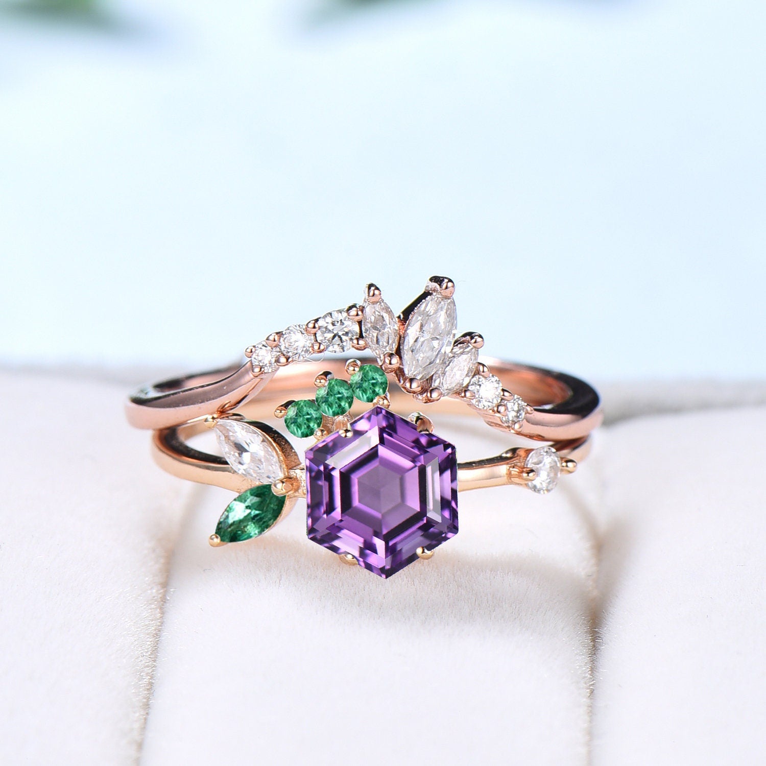 2pcs Vintage Amethyst Ring Set - Hexagon Amethyst Engagement Ring in 14K Rose Gold, February Birthstone Ring, Art Deco Moissanite Wedding Set for Women | Perfect for Valentine's Day, Anniversary & Bridal Jewelry Gifts