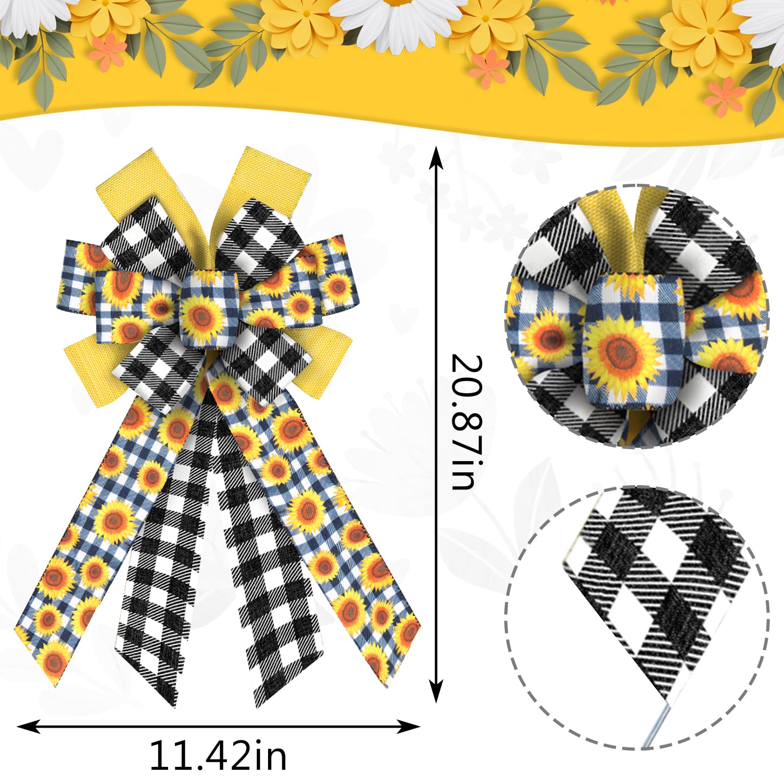 Large Sunflower Wreath Bows - Black White Buffalo Plaid for Farmhouse Door Decor