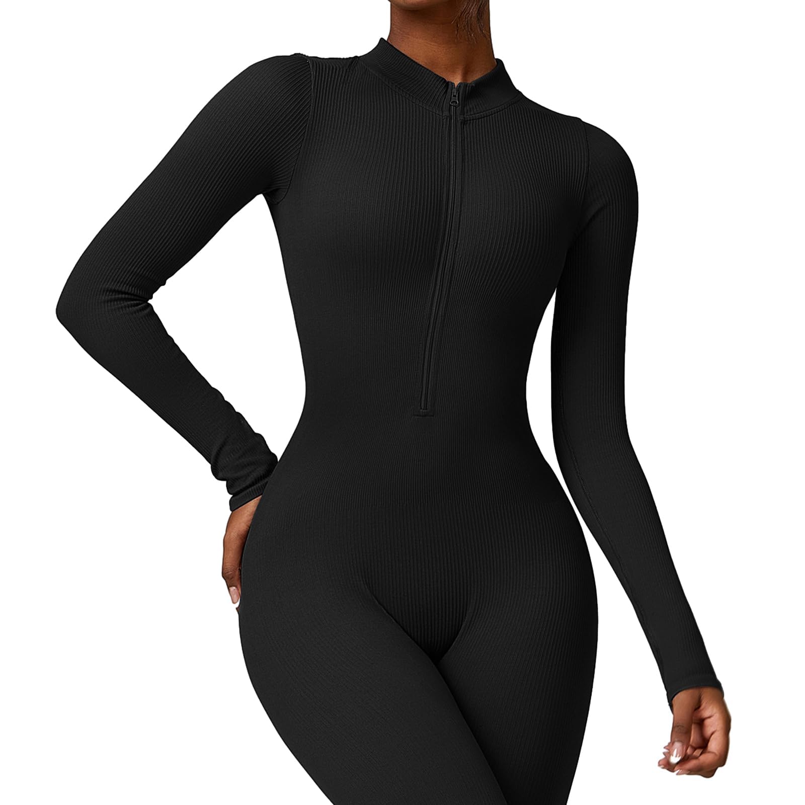 Jetjoy Women's Ribbed Long Sleeve Jumpsuit - Seamless Yoga Unitard with Zip Up, All-in-One Romper & Playsuit for Workout, Yoga, Lounge & Casual Wear