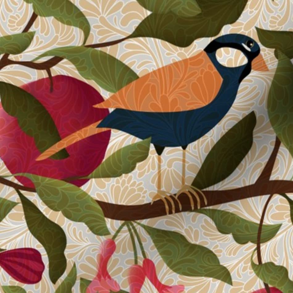 Autumn Pomegranates with Chickadees Printed Satin Fabric - Premium Spoonflower Fat Quarter for Sewing, Apparel, Fashion, Blankets & Home Decor - Perfect for DIY Projects, Quilting, and Seasonal Home Decorations