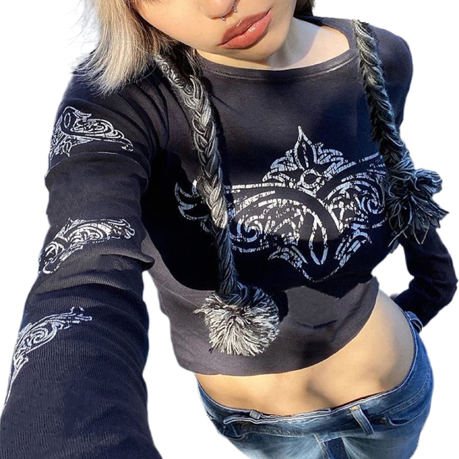 Women's Graphic Grunge Long Sleeve T-Shirt | Vintage Aesthetic Fairycore Cute Tee | Harajuku Streetwear Top for Casual Wear, Concerts & Festival Outfits