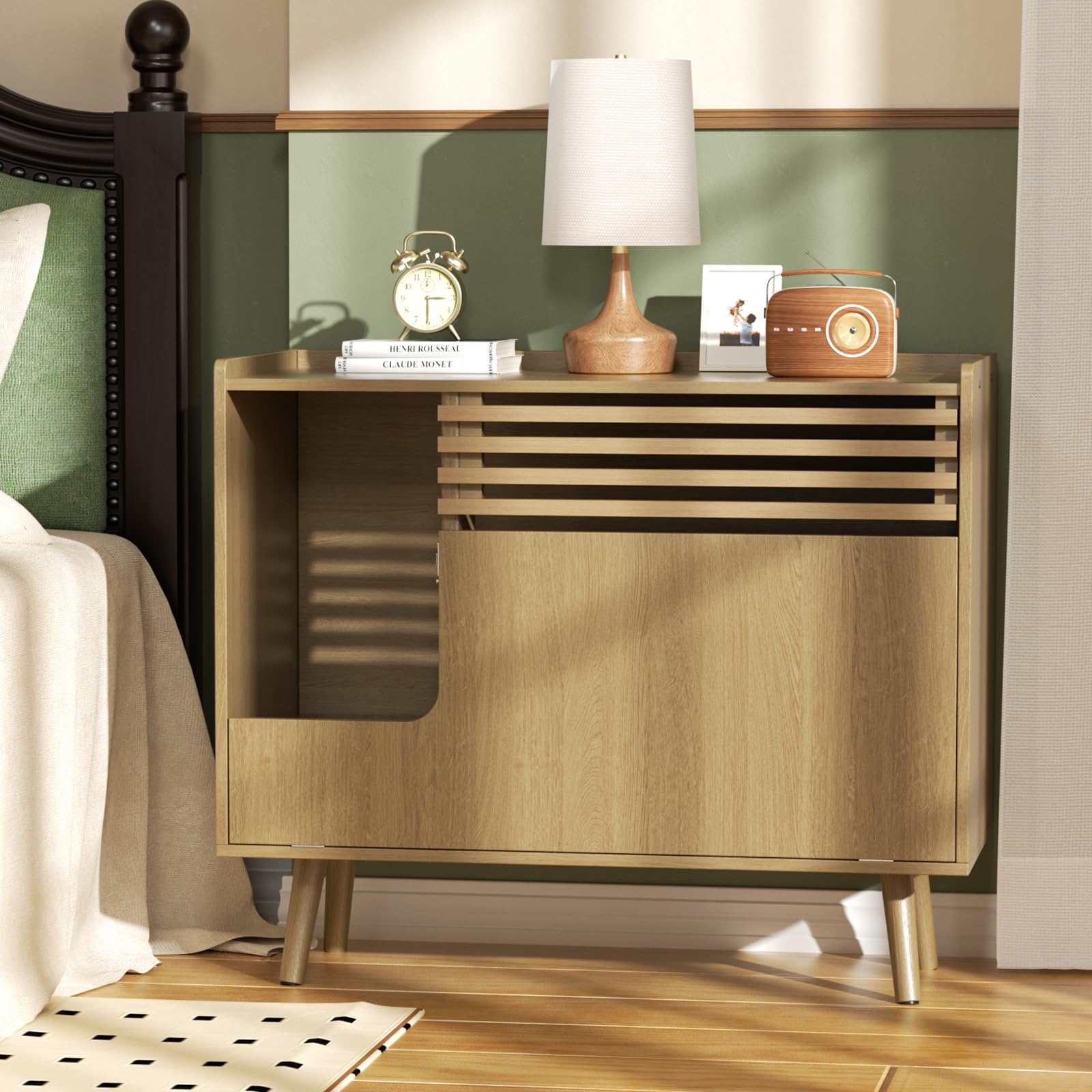 Mid-Century Modern Cat Litter Box Enclosure Furniture - Hidden Litter Box Cabinet with Scratch Pad & Flip-Down Door, Natural Wood End Table for Living Room | Pet Washroom Solution for Home Decor