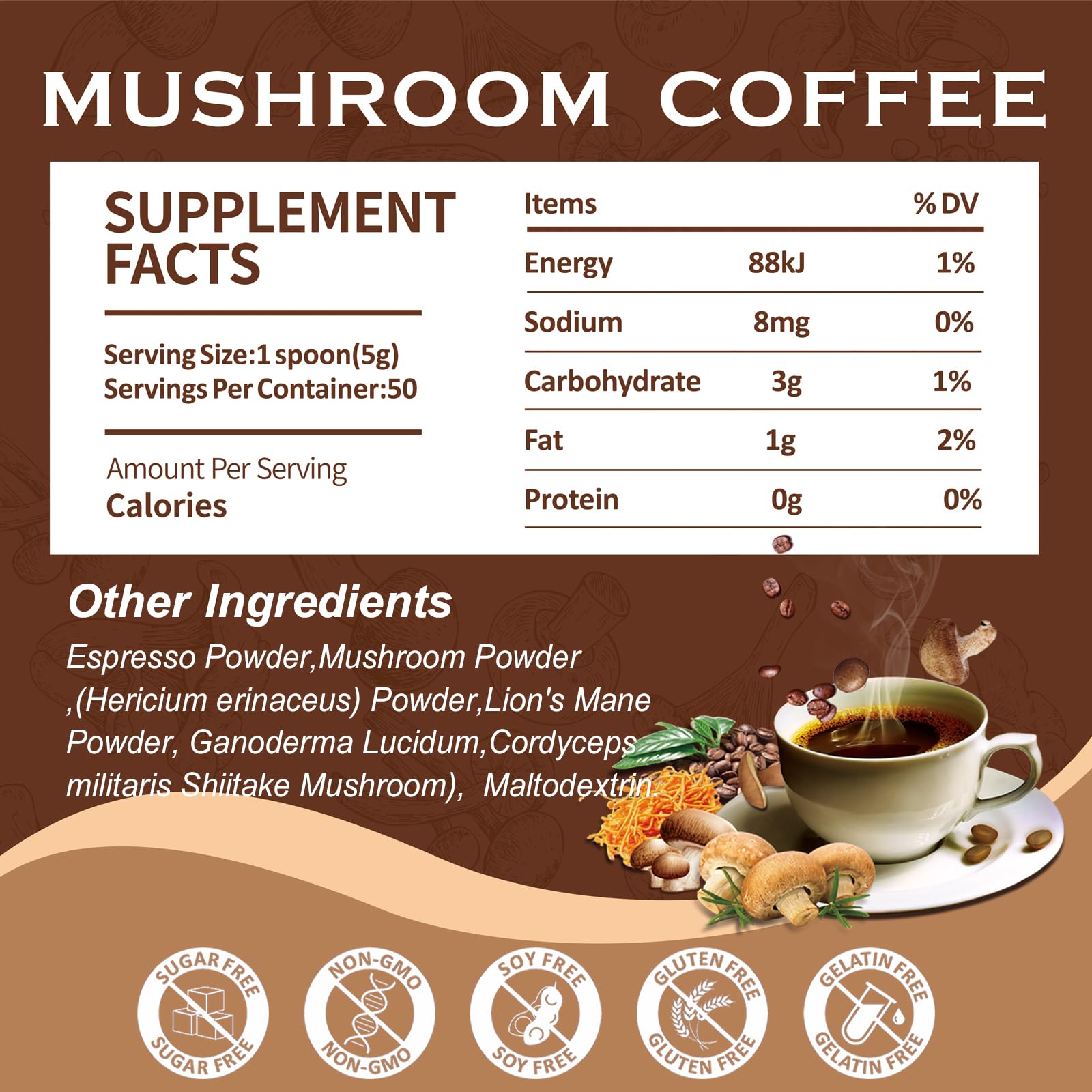 Organic Mushroom Coffee Powder with Lion's Mane, Reishi, Cordyceps & Shiitake - Immune Support & Focus Booster | Instant Mushroom Coffee Supplement | 50 Servings | Perfect for Busy Mornings & Workouts