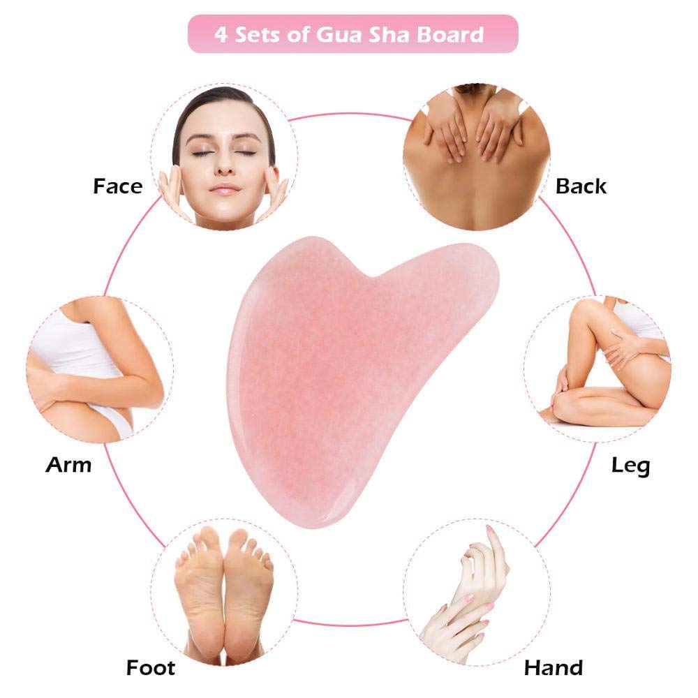Pink Quartz Jade Stone Heart-Shaped Facial Gua Sha Tool - 3pcs Set for Anti-Wrinkle & Skin Tightening | Natural Face & Body Massage for Glowing Skin & Relaxation