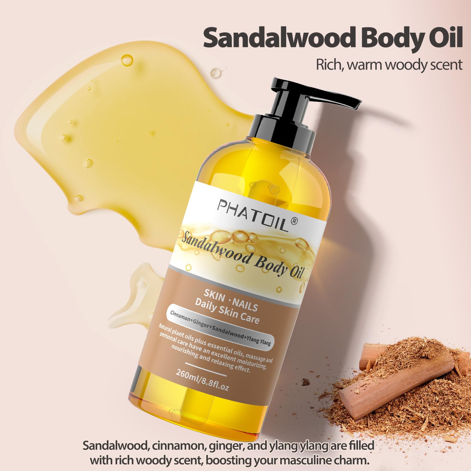 Premium Sandalwood, Grapefruit & Ginger Body Oil - 260ml Large Bottle for Deep Skin Moisturizing | Hydrating Dry Skin, Aromatherapy & Massage Use