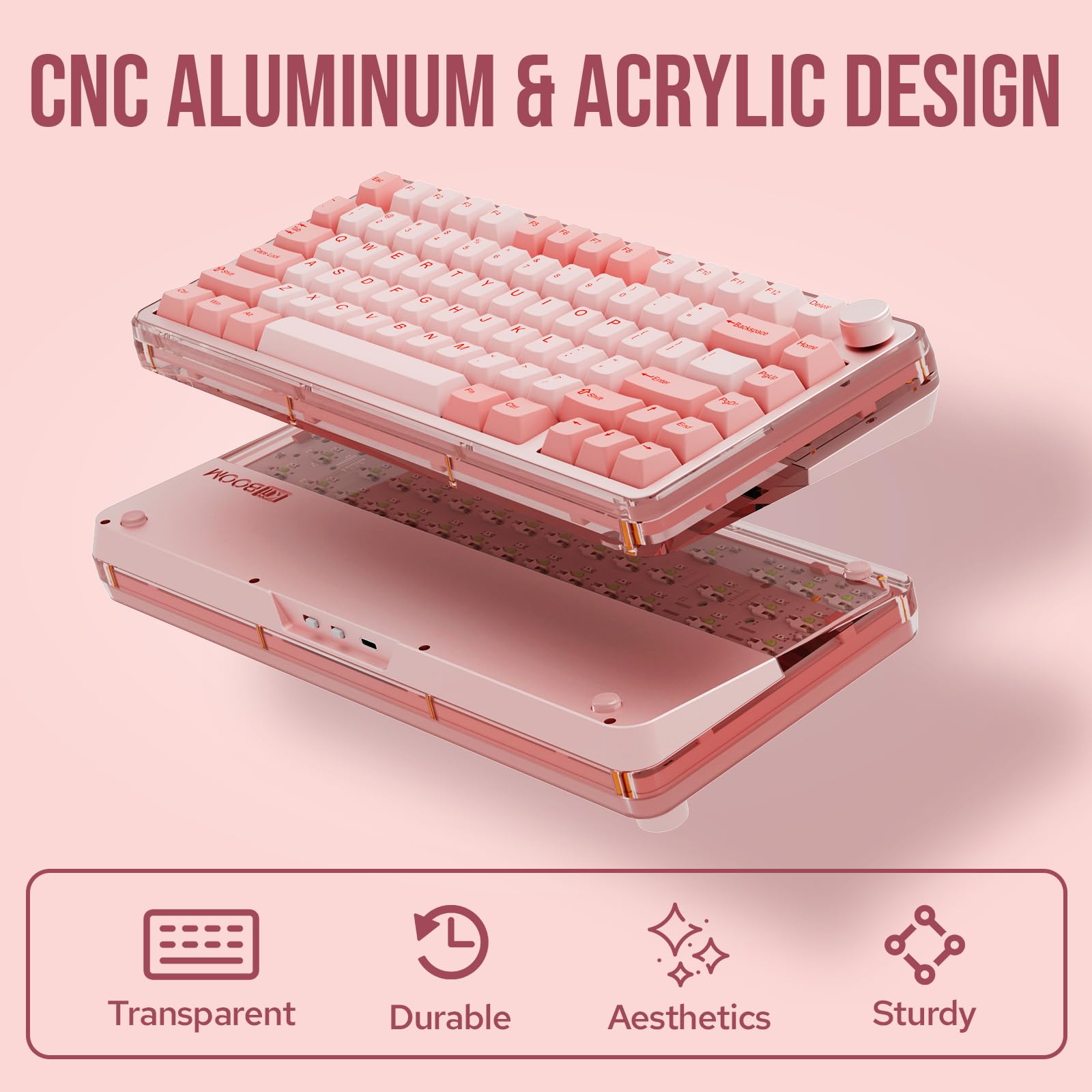 KiiBoom Breeze 75 75% Compact Wireless Mechanical Gaming Keyboard - CNC Aluminum & Acrylic Frame, USB-C/BT5.0/2.4GHz Connectivity, Gasket Mount, RGB Backlit, 8000mAh Battery for Windows/Mac (Pink) - Perfect for Gaming, Office Work, and Typing Enthusiasts