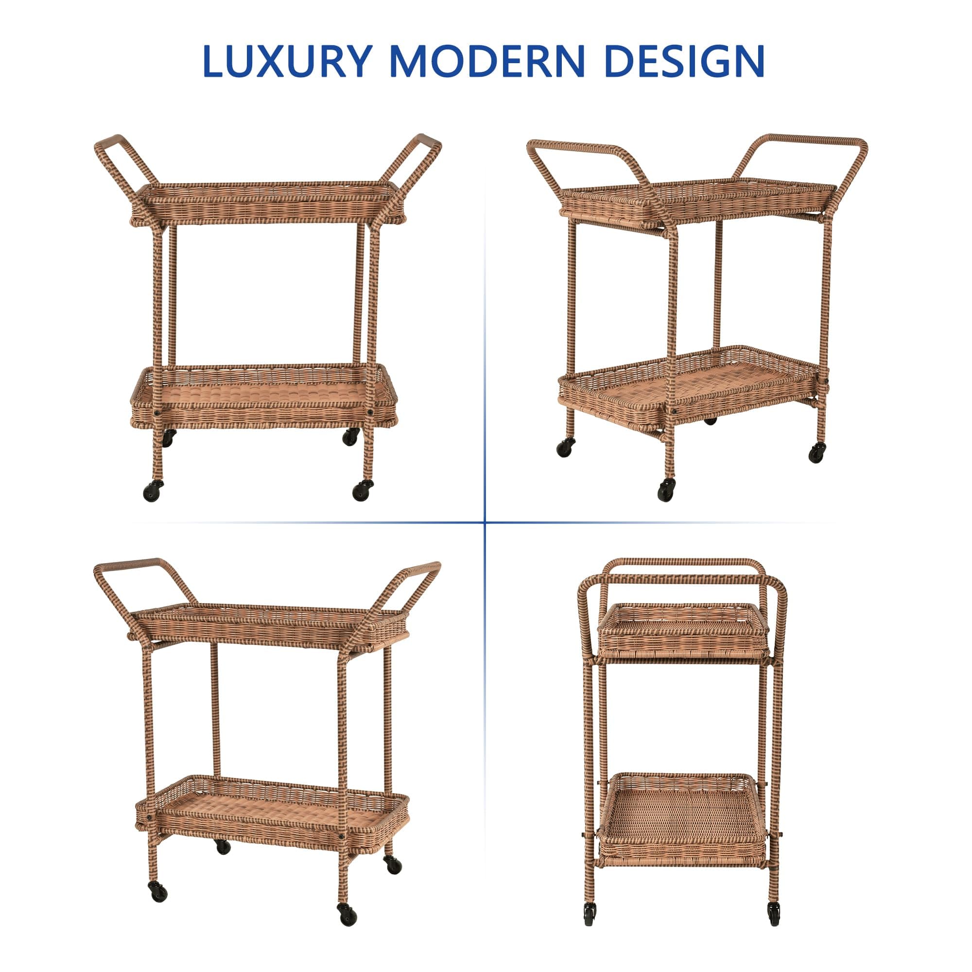 Premium Jeco Outdoor Resin Wicker Serving Cart - Portable Bar Cart with Wheels for Patio, Garden, Poolside & Outdoor Entertaining