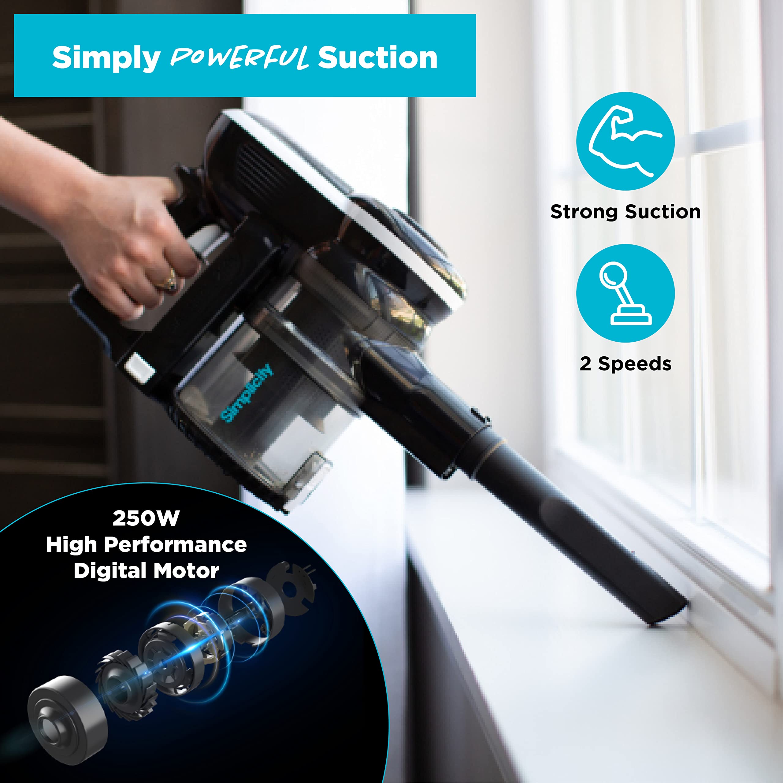Simplicity S65D Cordless Vacuum Cleaner - Lightweight Stick Vacuum for Pet Hair, Carpets & Hard Floors | 2-Speed Settings, Handheld Convertible | Perfect for Home Cleaning, Car Detailing & Pet Owners