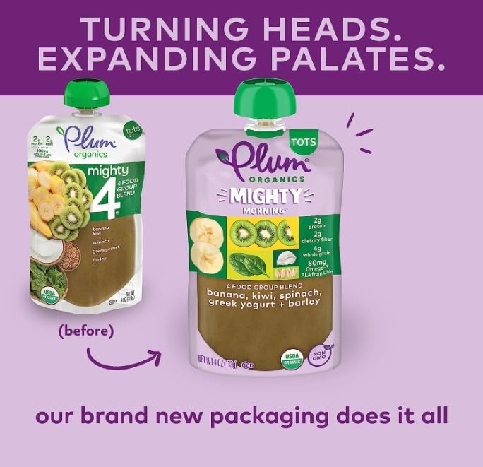 Organic Toddler Food Pouch - Plum Organics Mighty Morning with Banana, Kiwi, Spinach, Greek Yogurt & Barley - 4oz (Pack of 6) - Healthy Snack for Babies & Toddlers - Perfect for On-the-Go, Daycare & Travel
