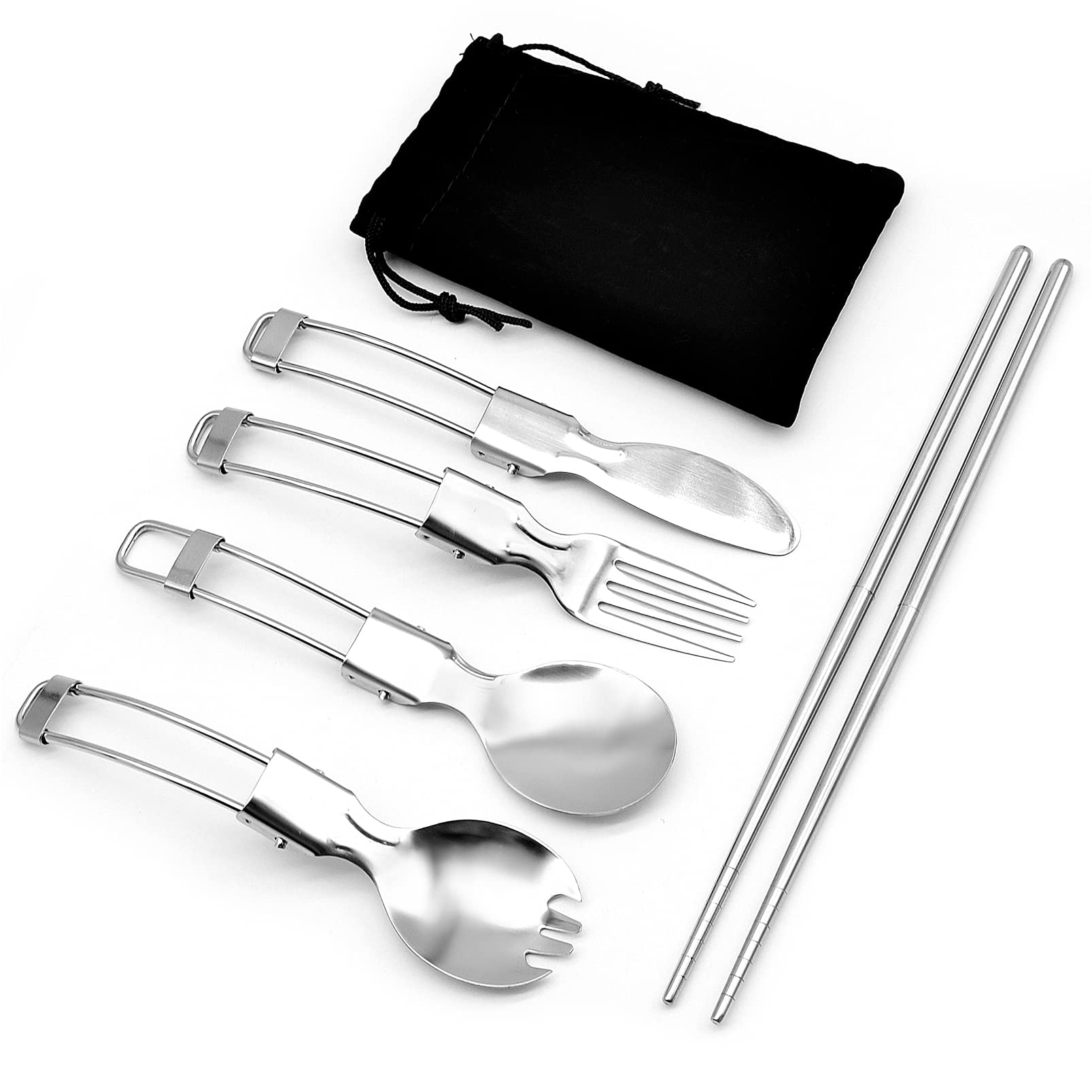 5Pcs Stainless Steel Travel Utensils Set - Portable Camping Cutlery with Knife, Fork, Spoon & Chopsticks for Lunch Box, Workplace, Camping, School & Picnic | Durable & Eco-Friendly for Outdoor Dining & On-the-Go Meals