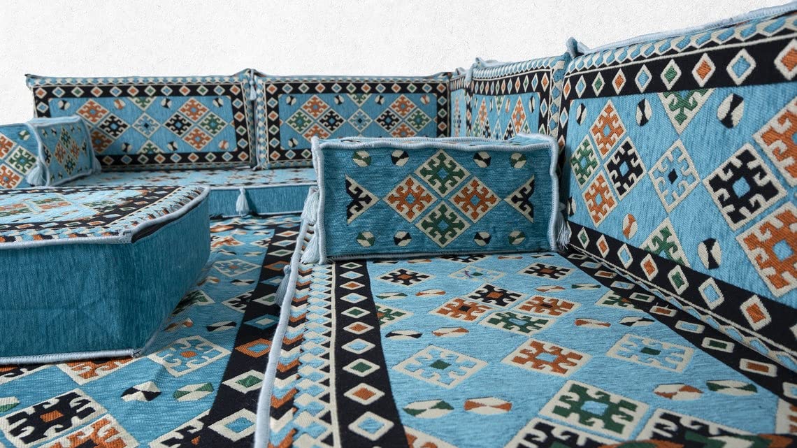 Turquoise Arabic Sofa - Bohemian Sectional Loveseat with Floor Cushions for Meditation & Lounge Seating | Perfect for Home Decor, Moroccan Style Living Room & Cozy Corner Relaxation