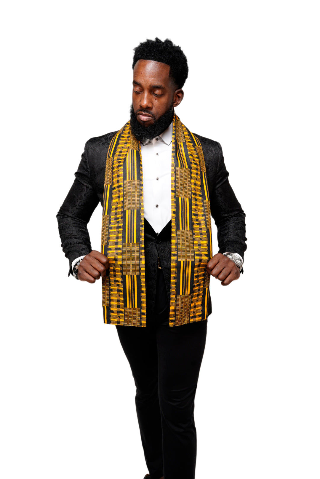 Dupsie's Nansa Black and Gold African Print Kente Sash DP4091S - Traditional African Waist Wrap for Weddings, Cultural Events & Fashion Accessories