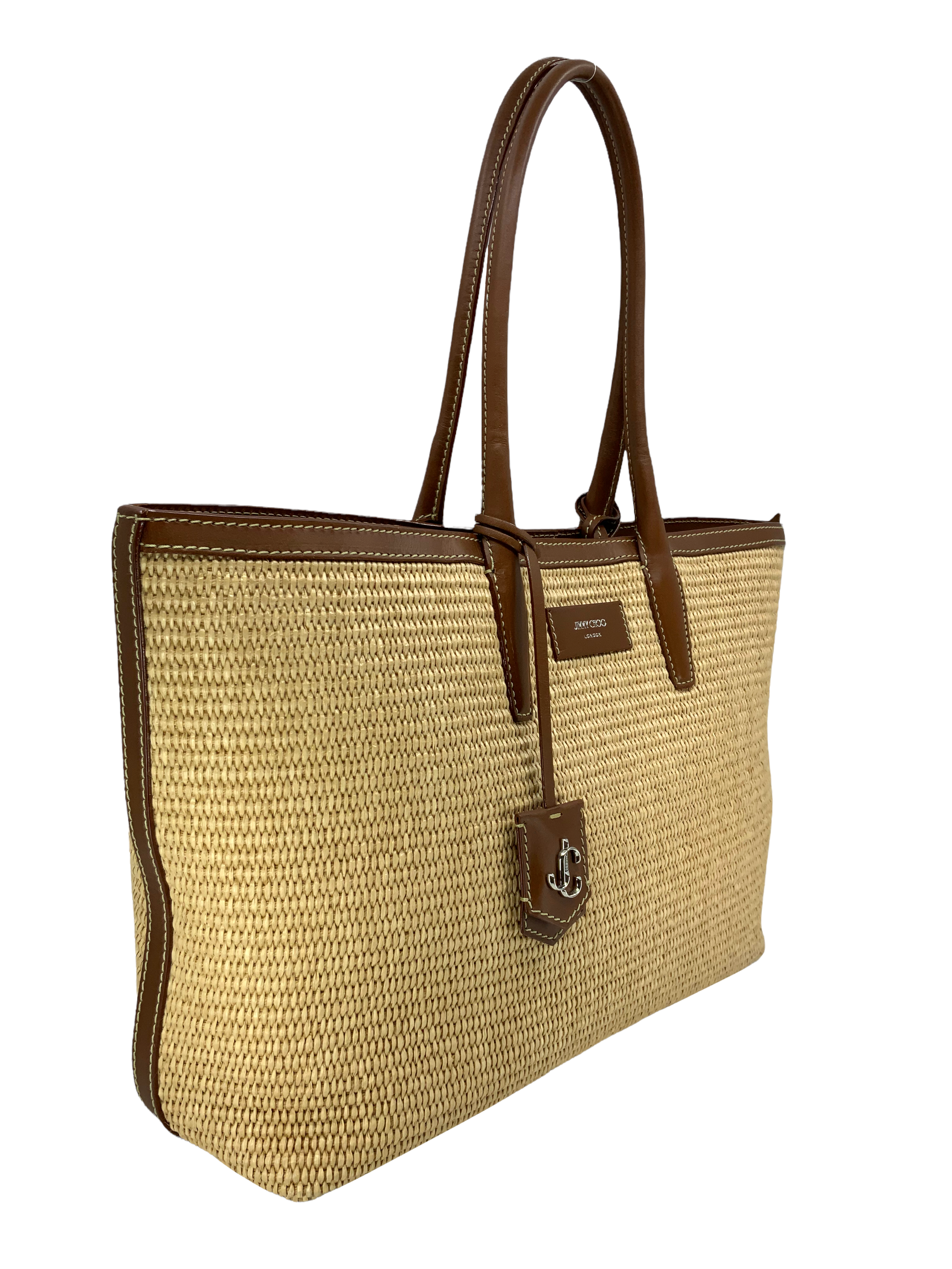Jimmy Choo Nine2Five Raffia and Leather Tote Bag for Women - Stylish Designer Handbag for Work, Travel, and Everyday Use
