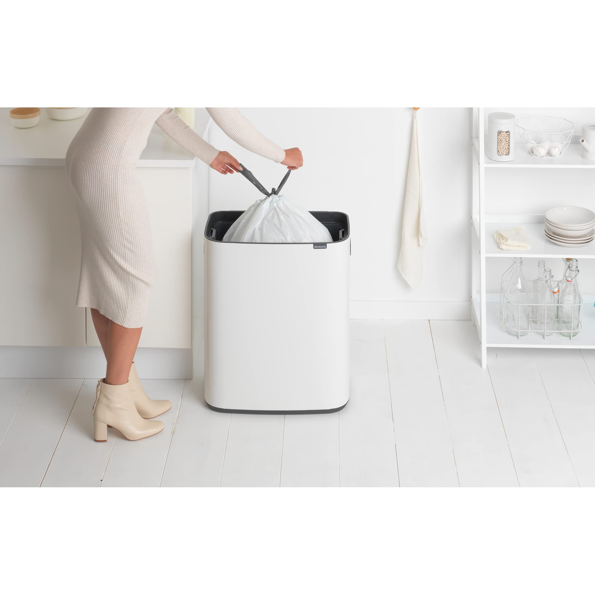 Brabantia Bo Touch Top 16 Gallon Trash Can - Soft Open/Close Kitchen Garbage Bin with Removable Recycling Compartment, White | Perfect for Modern Kitchens & Eco-Friendly Waste Sorting