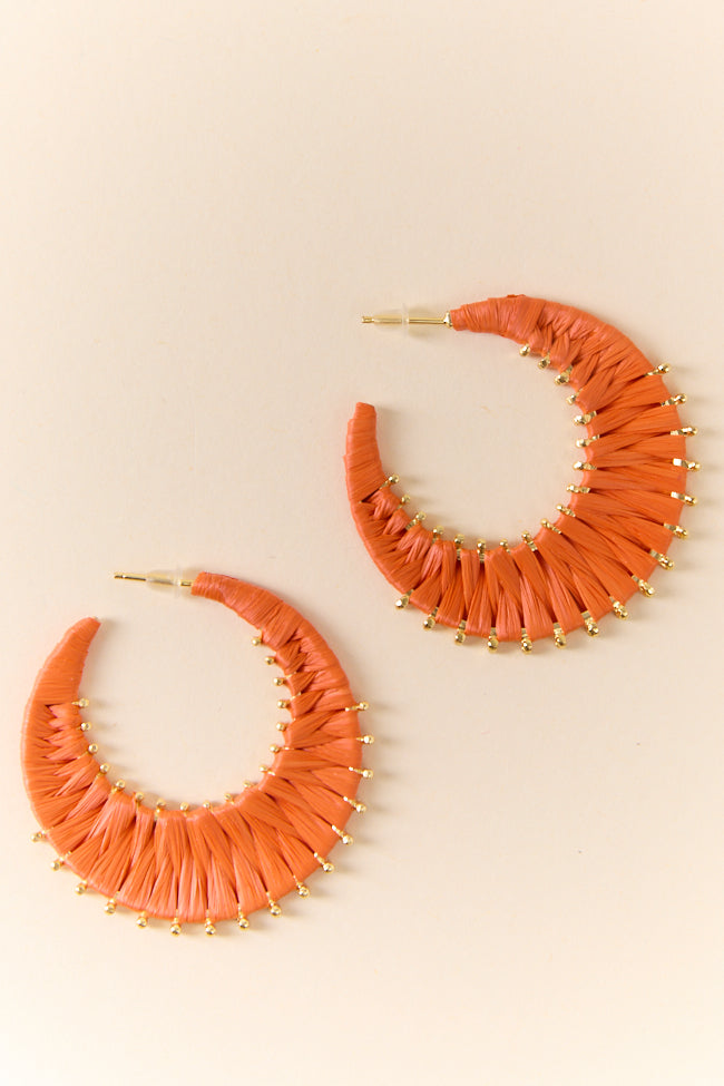 Orange Raffia Wrapped Hoop Earrings - Handmade Boho Chic Statement Jewelry for Women | Perfect for Summer, Beach, and Festival Outfits