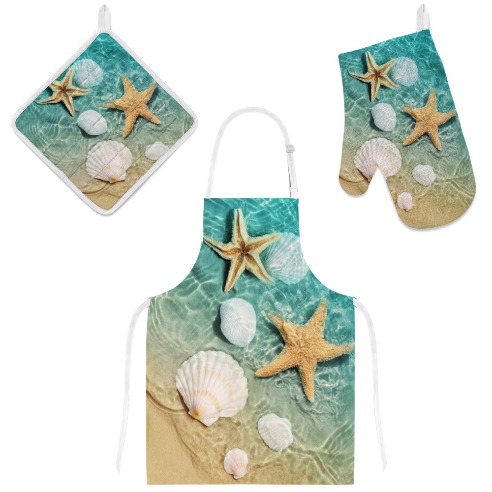 Beach Starfish Seashell Gradient Ocean Kitchen Apron Set with Pockets, Oven Mitt & Pot Holder - Adjustable Cooking Apron, Microwave Glove & Potholder (3-Piece) - Perfect for Cooking, Baking, BBQ & Beach Themed Parties