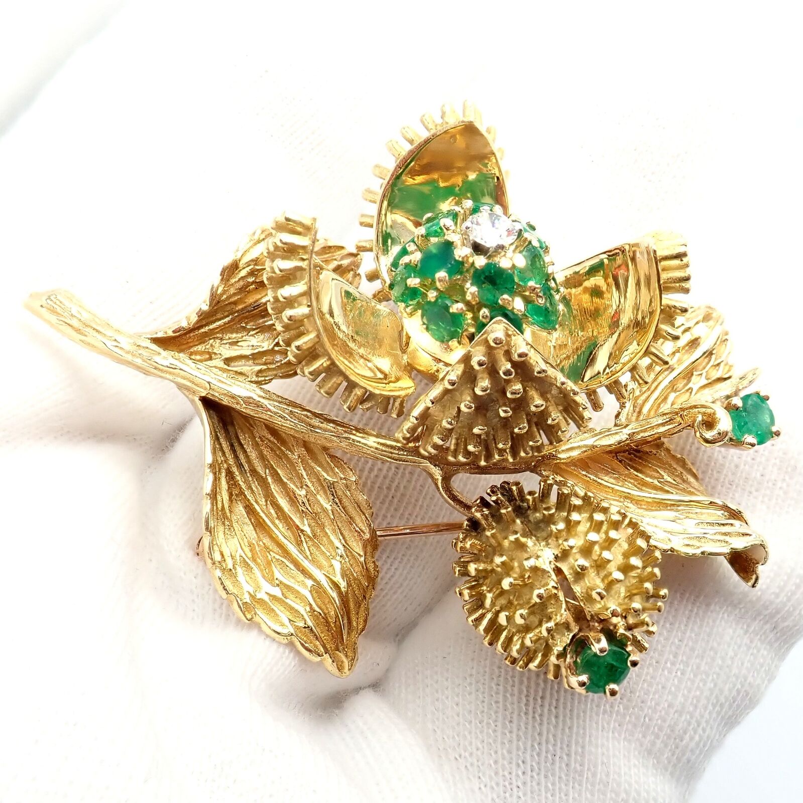 Tiffany & Co 18k Yellow Gold Diamond and Emerald Flower Night & Day Brooch Pin - Vintage Luxury Jewelry for Women, Perfect for Special Occasions & Evening Events