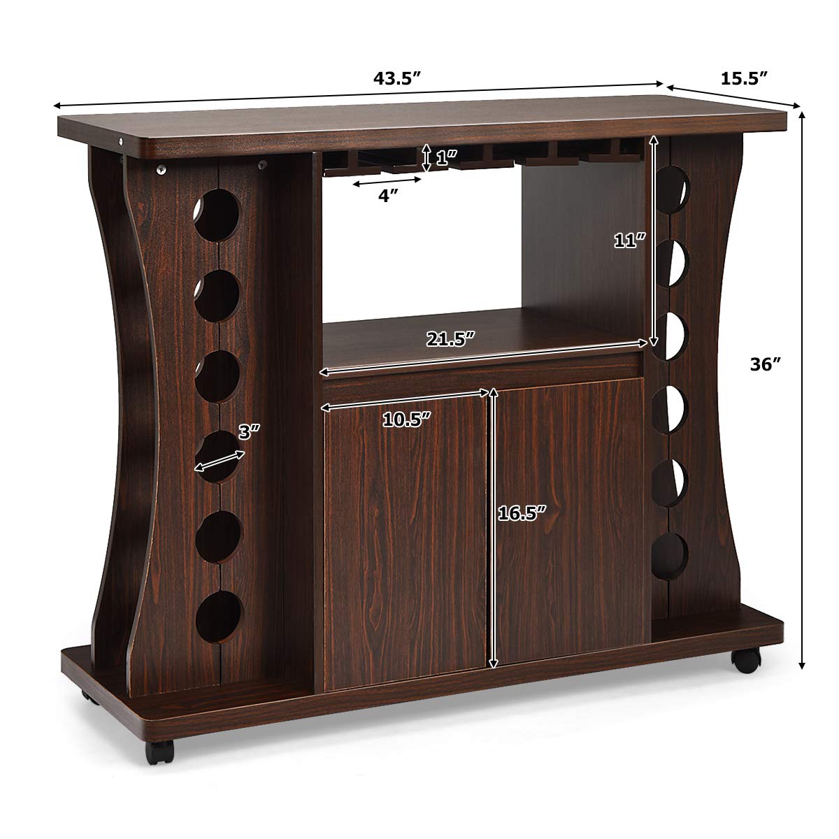 Giantex 12-Bottle Rolling Bar Cabinet with Glass Holder - 2-Door Mobile Buffet Sideboard with Storage for Wine, Liquor & Kitchen Essentials - Perfect for Dining Room, Living Room & Home Entertaining (Brown)