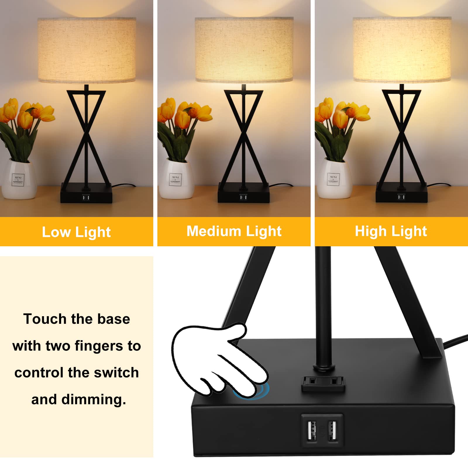 2 Pack USB Touch Control Table Lamps - 3-Way Dimmable Bedside Nightstand Lights for Bedroom, Living Room & Office with Included Bulbs (White) | Perfect for Reading, Working & Creating Cozy Ambiance