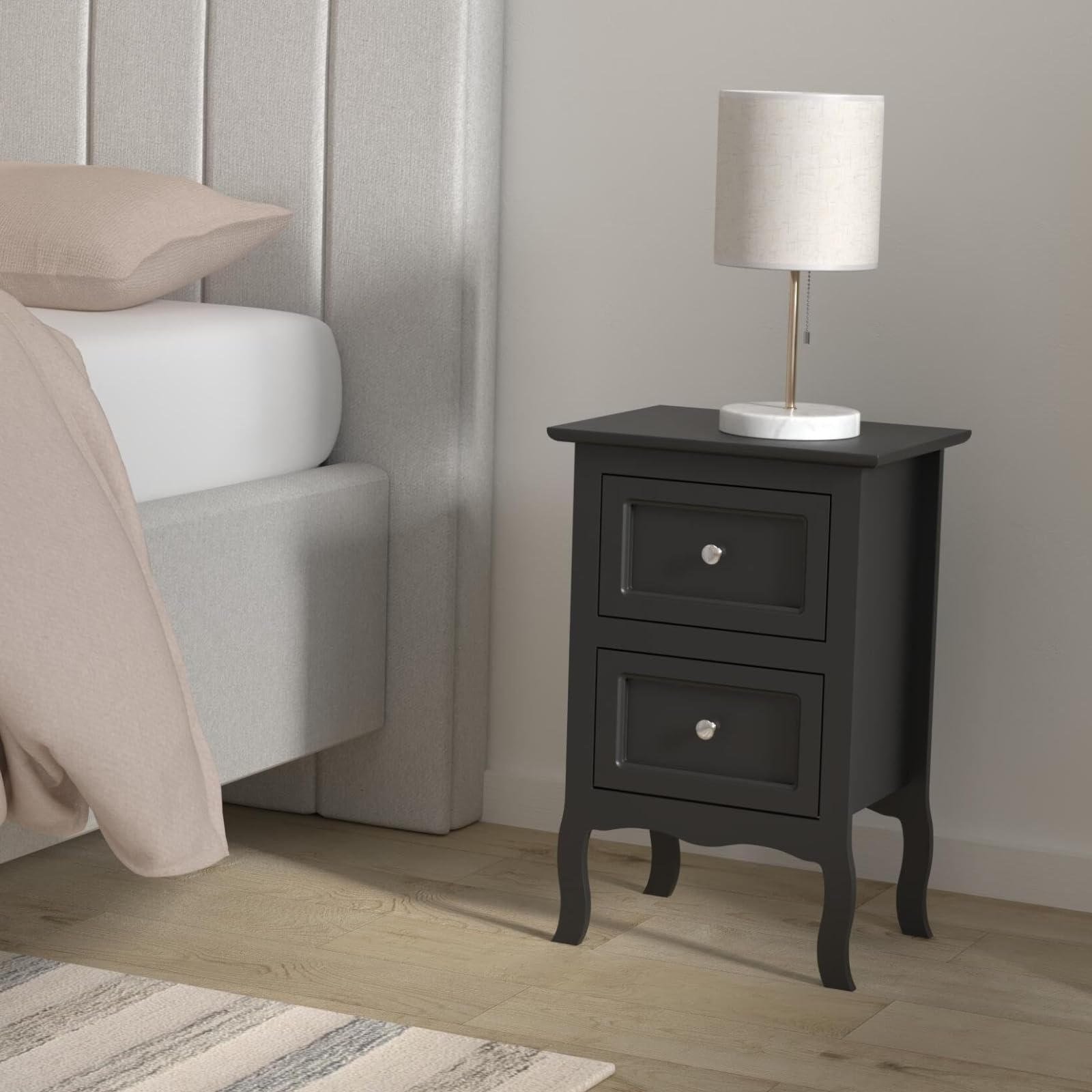 Karl Home Black Nightstand for Bedroom - 2 Drawer French Country Wooden Bedside Table with Curved Legs - Perfect for Bedroom, Living Room, Dorm & Guest Room