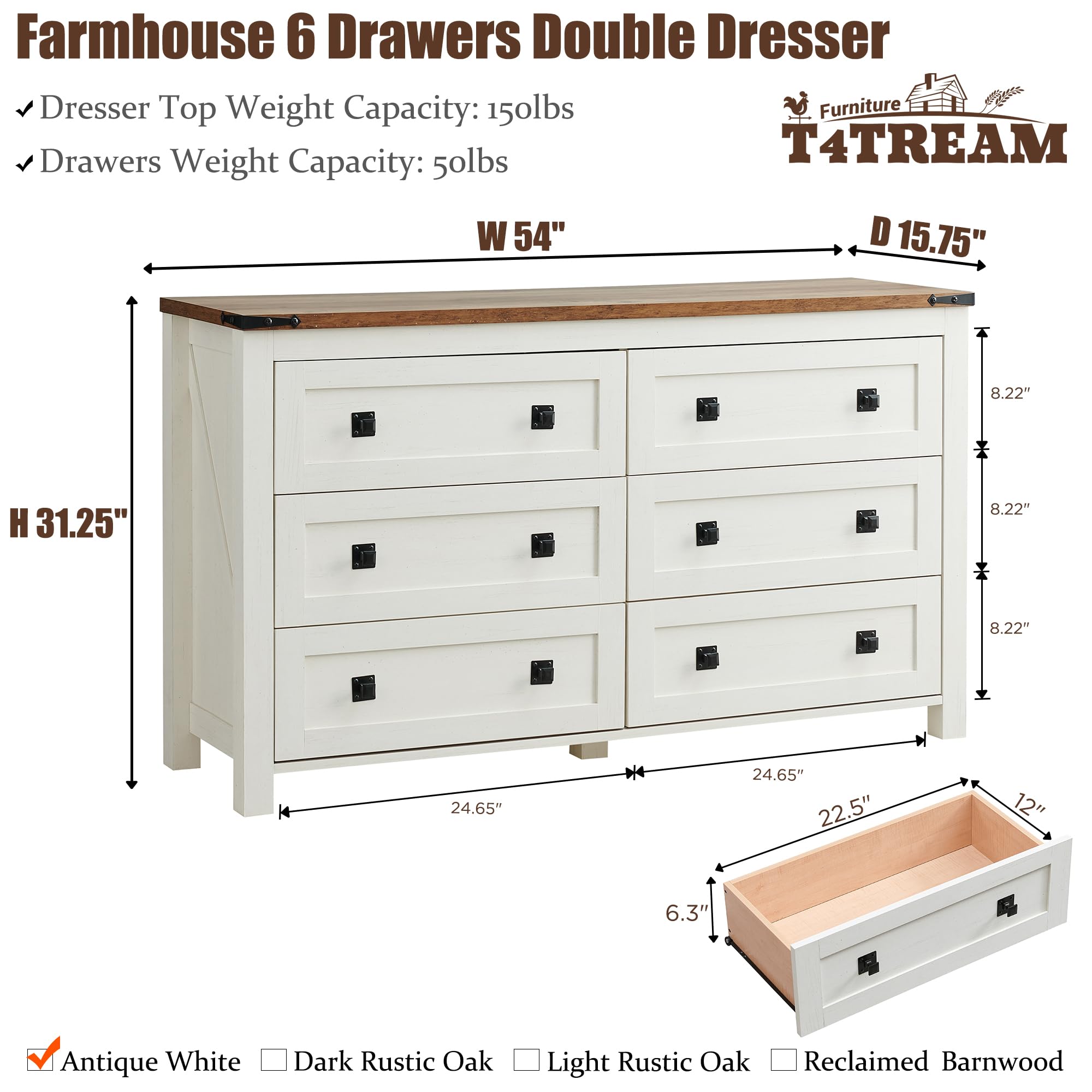 Rustic Wood Dresser - 6 Drawer Farmhouse Chest for Bedroom & Living Room Storage