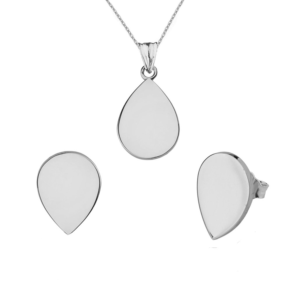 10k White Gold Teardrop Charm Pendant Necklace & Earrings Set for Women - Elegant Jewelry Gift for Birthday, Anniversary, Wedding, and Special Occasions