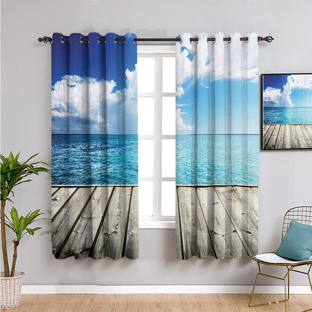 Blackout Window Curtains 2 Panels Set - 54x39 Inches, Turquoise/White/Brown - Light Blocking, Thermal Insulated, Easy to Clean - Perfect for Bedroom, Living Room & Home Decor