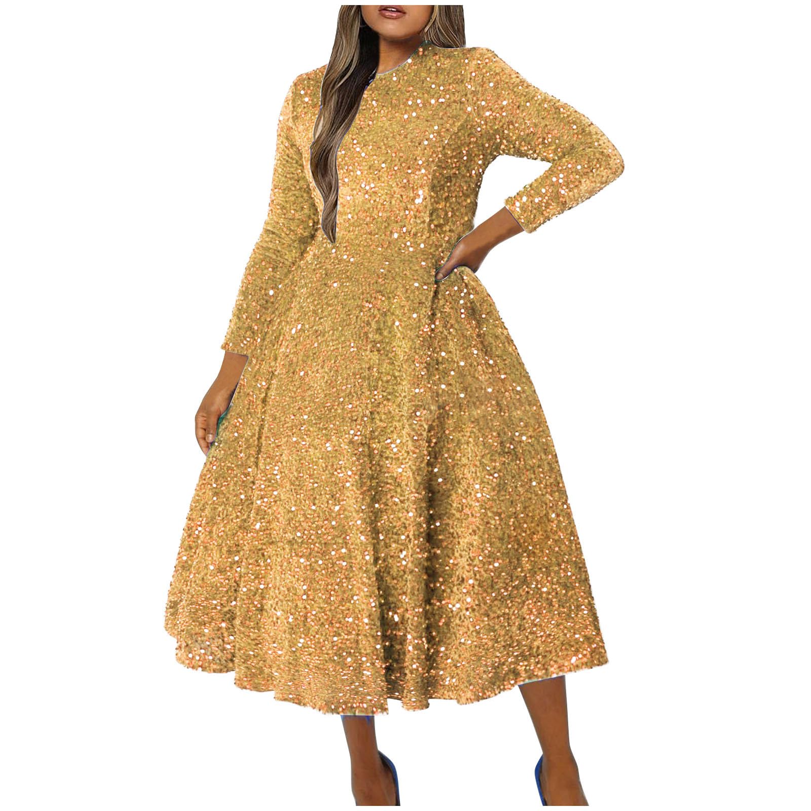 Elegant Long Sleeve Sequin A-Line Cocktail Dress for Women - Sparkling Glitter Wedding Guest Dress & Evening Party Gown | Perfect for Formal Events, Holiday Parties, and Special Occasions
